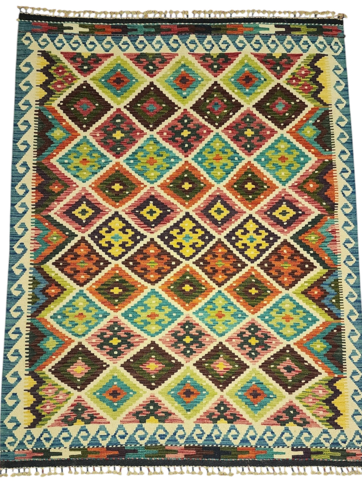 Afghan Kilim Rug 5x7, Brown, Teal & Ivory, Hand-Woven Wool Flatweave, view 2