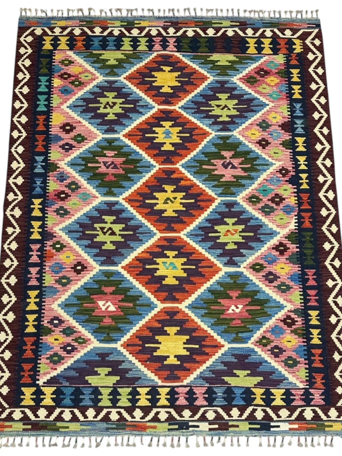 Afghan Kilim Rug 5x7, Blue, Rust & Brown, Hand-Woven Wool Flatweave, view 2