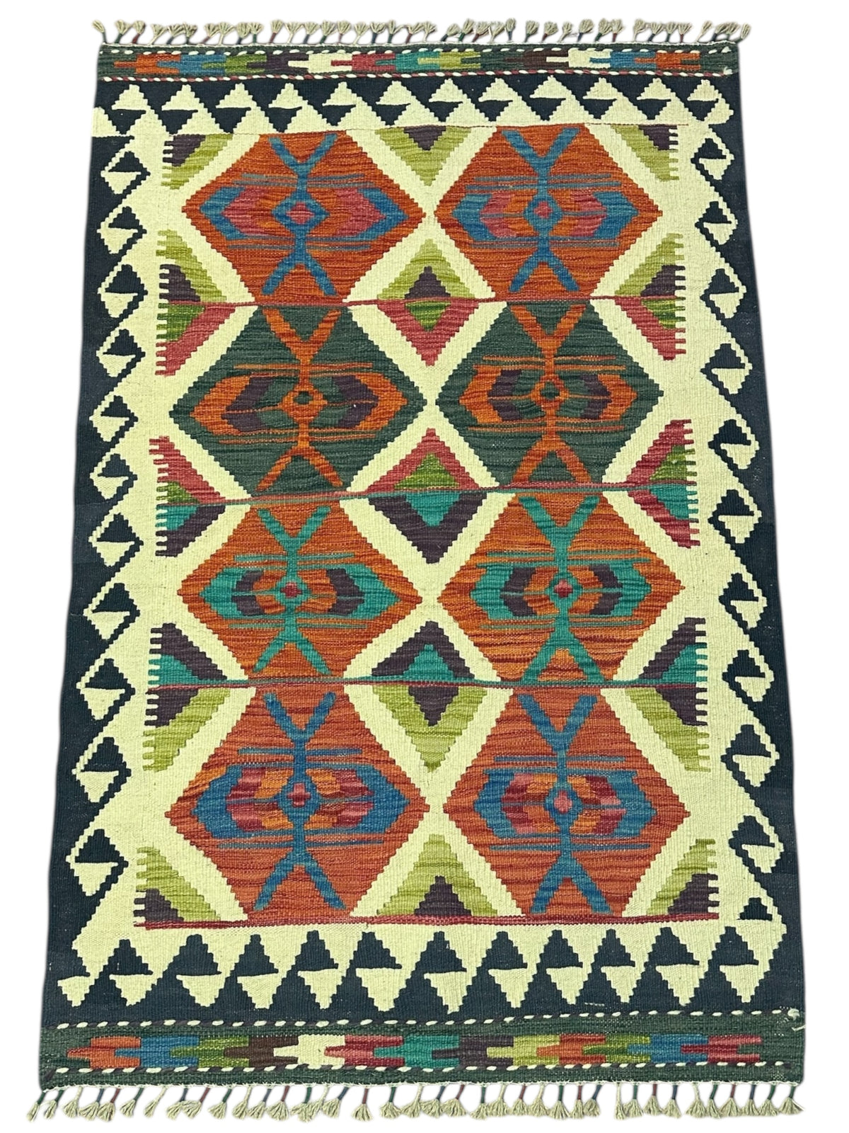 Afghan Kilim Rug 3x5, Rust, Ivory & Navy, Hand-Woven Wool Flatweave, view 2