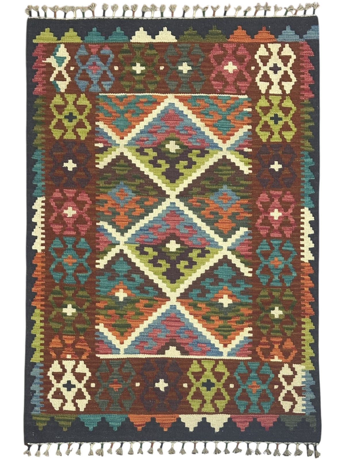 Afghan Kilim Rug 3x4, Brown, Ivory & Olive Green, Diamond Lattice Wool Flatweave