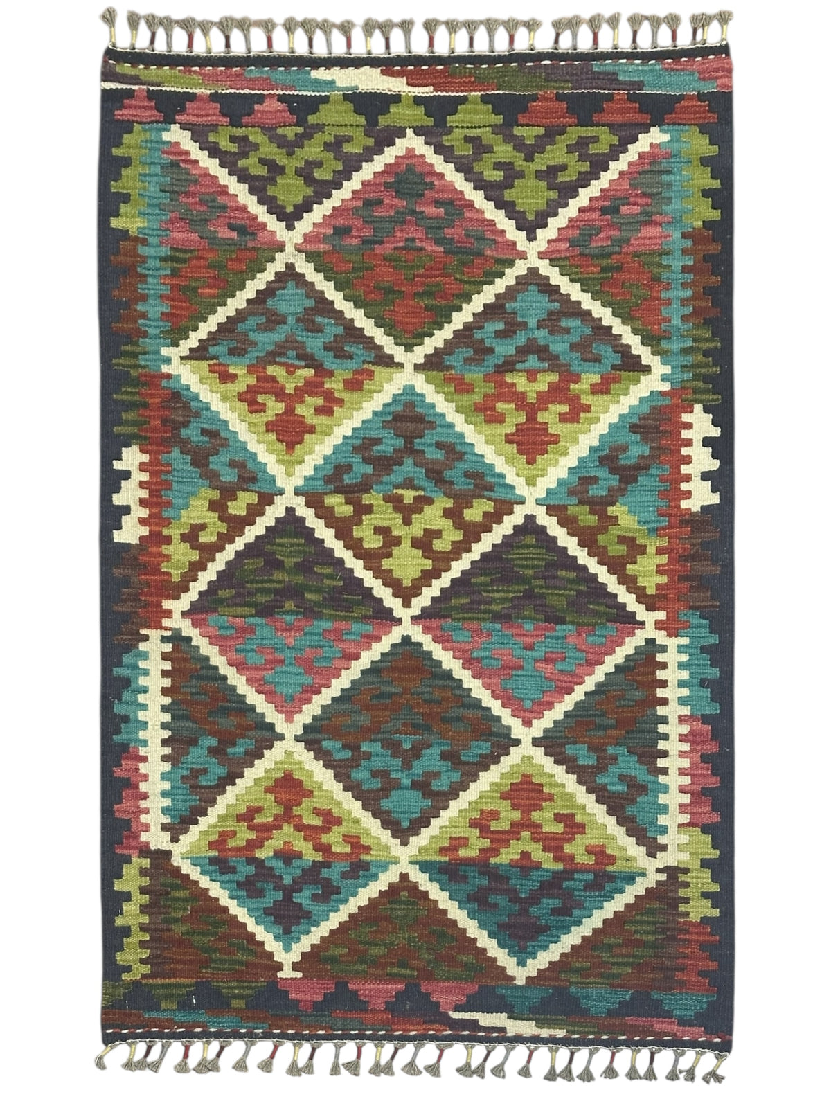 Afghan Kilim Rug 3x4, Navy, Teal & Olive Green, Diamond Lattice Wool Flatweave