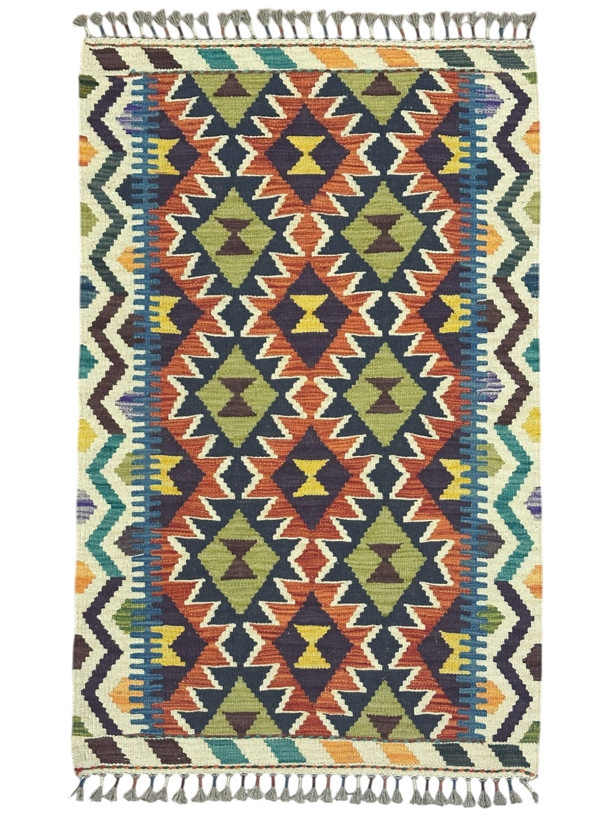 Afghan Kilim Rug 3x4, Navy, Rust & Ivory, Diamond Lattice Wool Flatweave