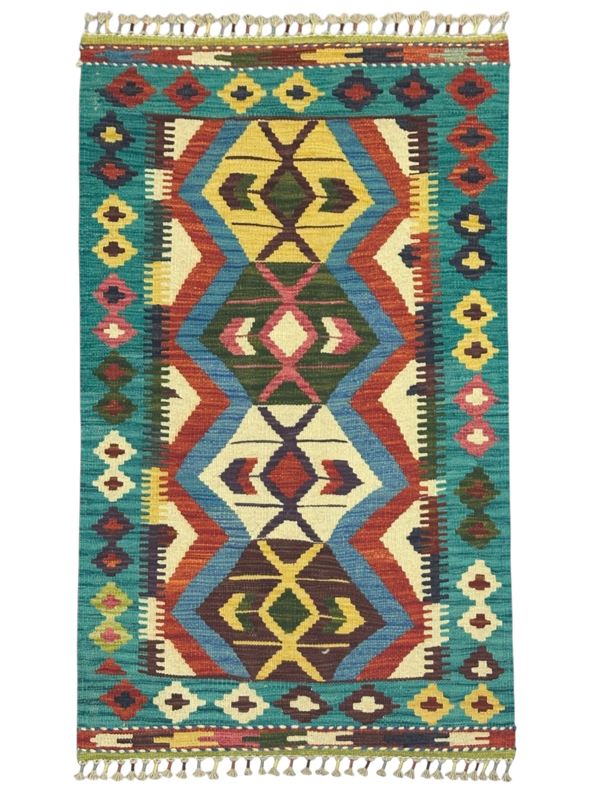 Afghan Kilim Rug 3x4, Teal, Ivory & Gold, Hand-Woven Wool Flatweave