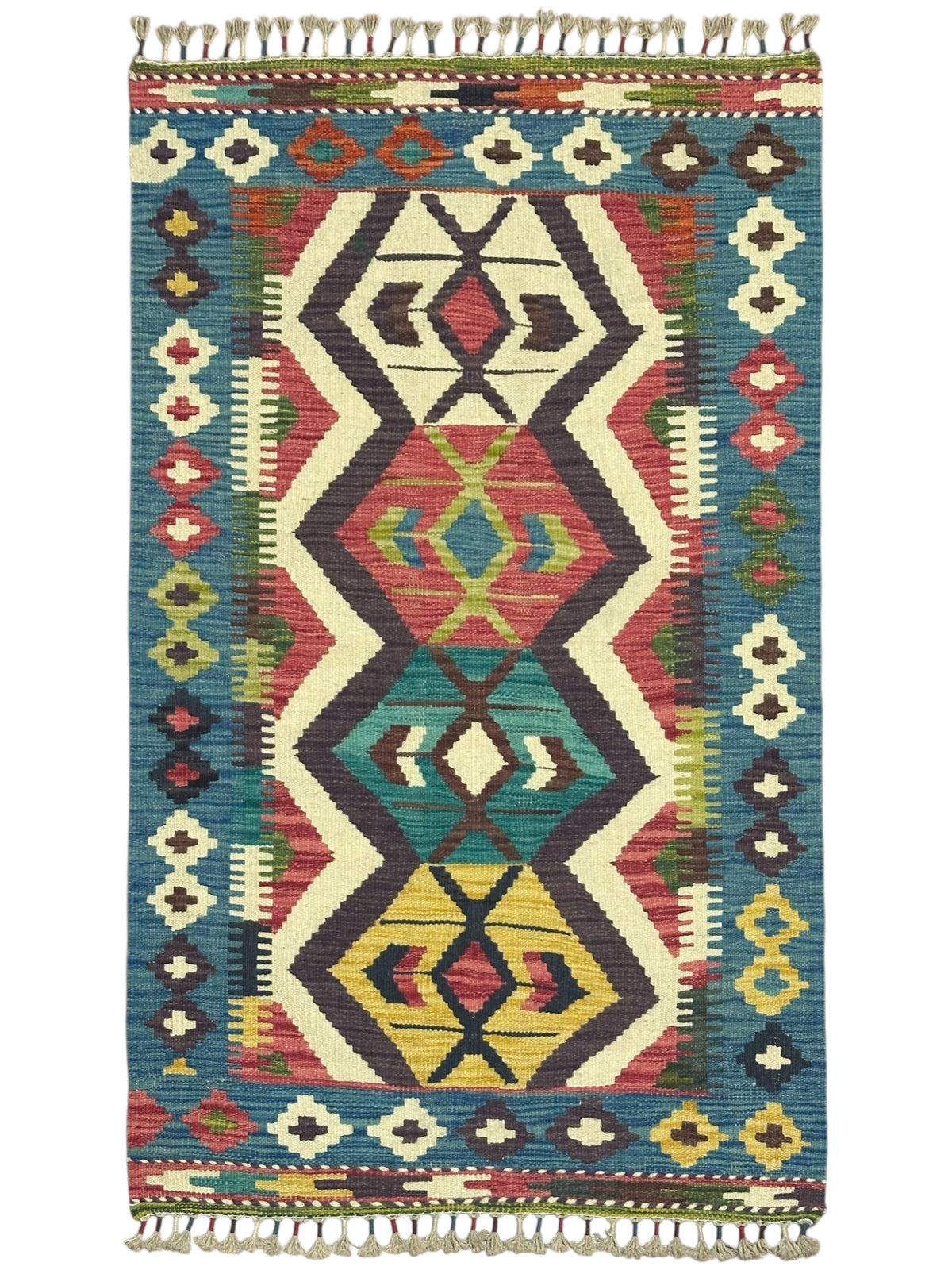 Afghan Kilim Rug 3x4, Blue, Ivory & Rust, Hand-Woven Wool Flatweave