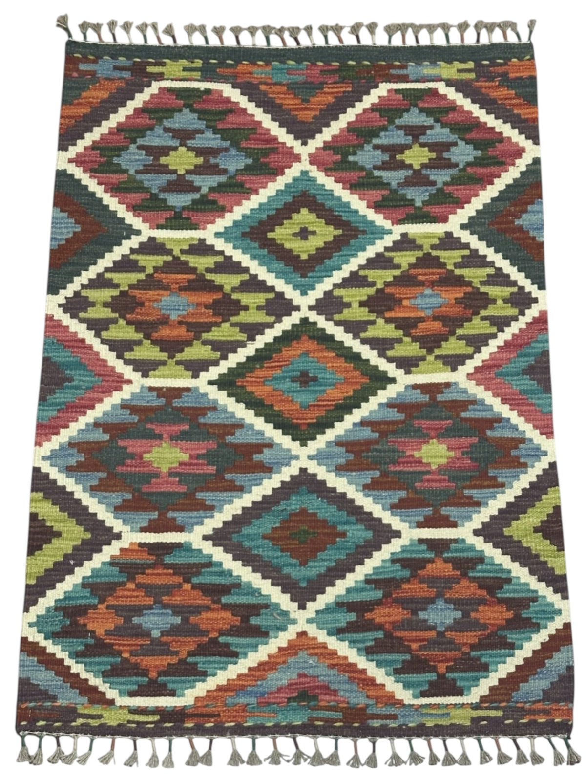 Afghan Kilim Rug 3x4, Brown, Rust & Teal, Diamond Lattice Wool Flatweave, view 2