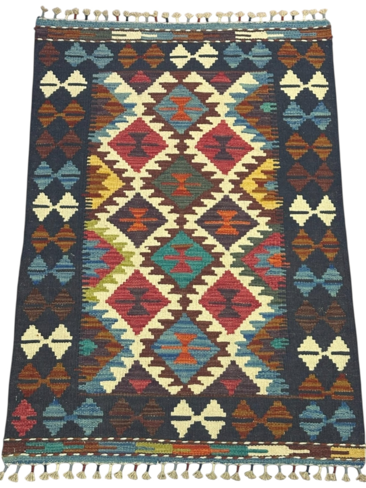 Afghan Kilim Rug 3x4, Navy, Ivory & Red, Hand-Woven Wool Flatweave, view 2