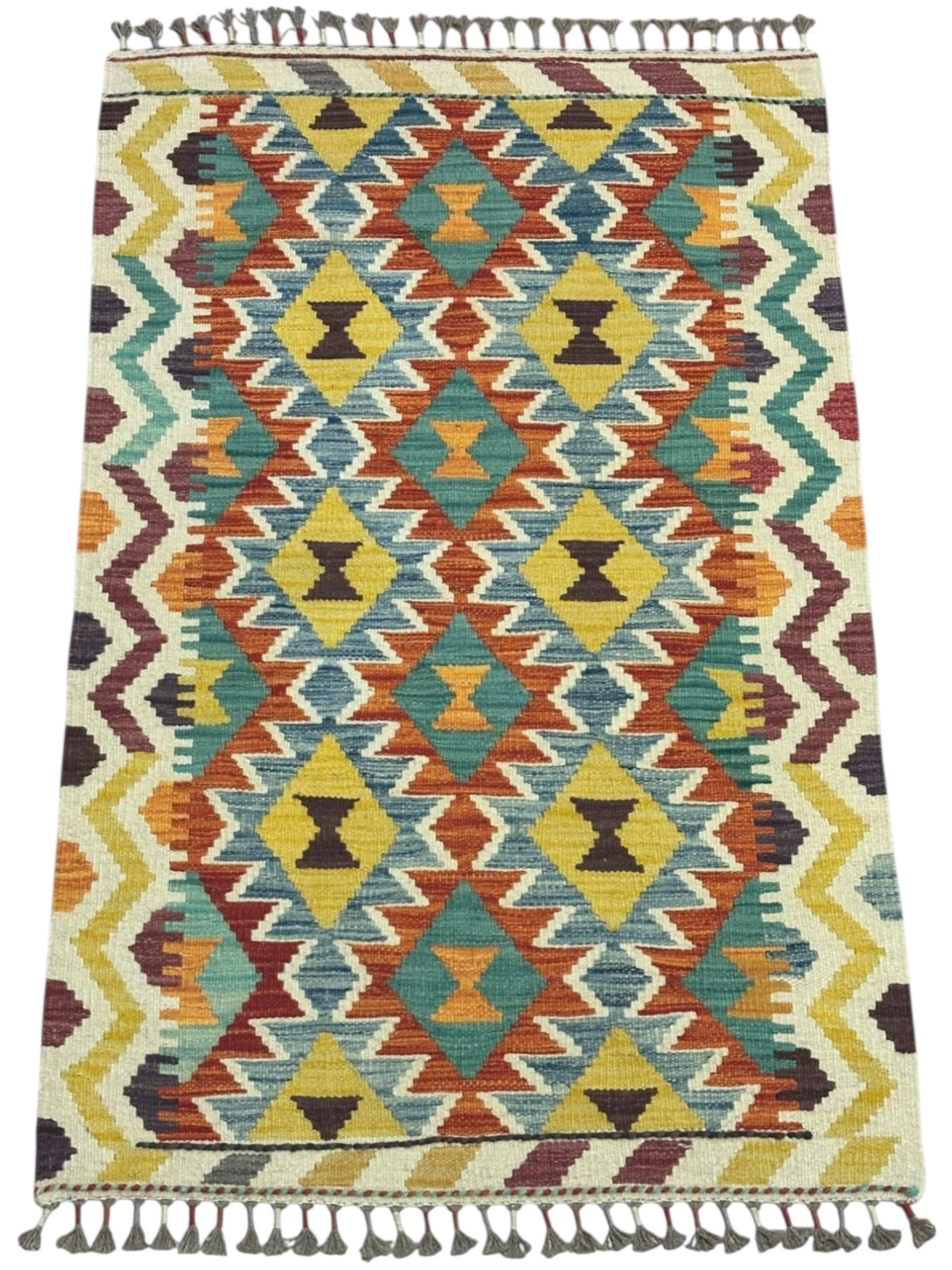 Afghan Kilim Rug 3x4, Ivory, Rust & Gold, Hand-Woven Wool Flatweave, view 2