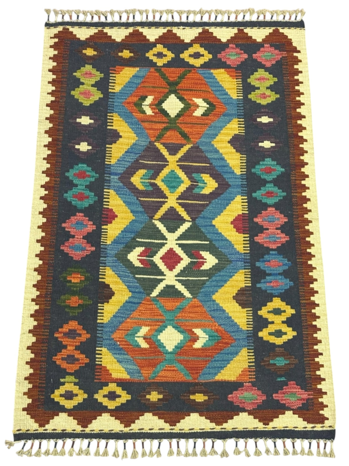 Afghan Kilim Rug 3x4, Navy, Ivory & Blue, Hand-Woven Wool Flatweave, view 2