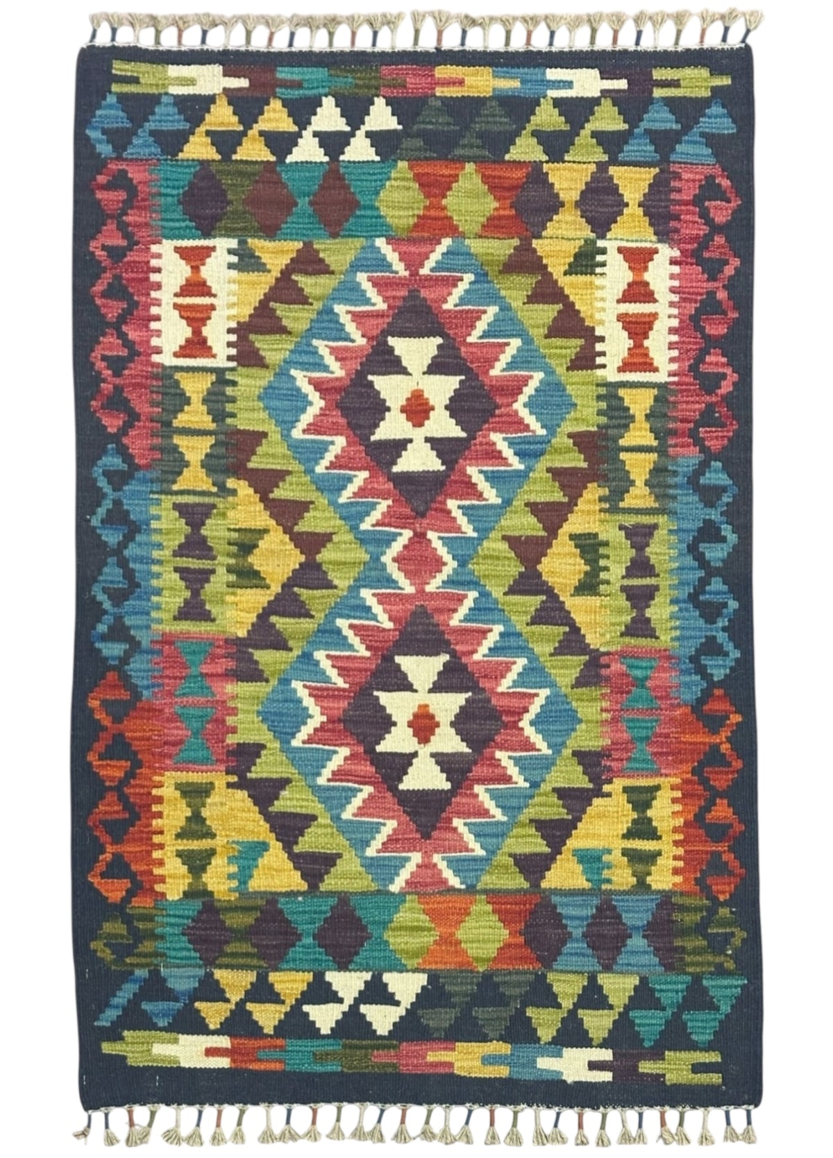 Afghan Kilim Rug 3x4, Navy, Olive Green & Rust, Hand-Woven Wool Flatweave