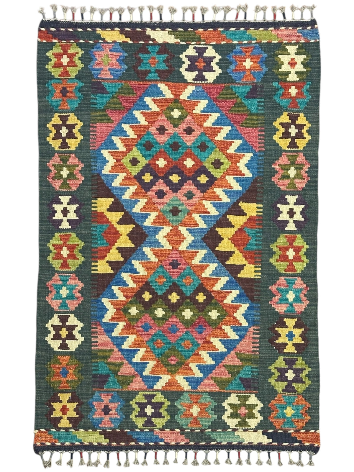 Afghan Kilim Rug 3x4, Green, Teal & Rust, Hand-Woven Wool Flatweave