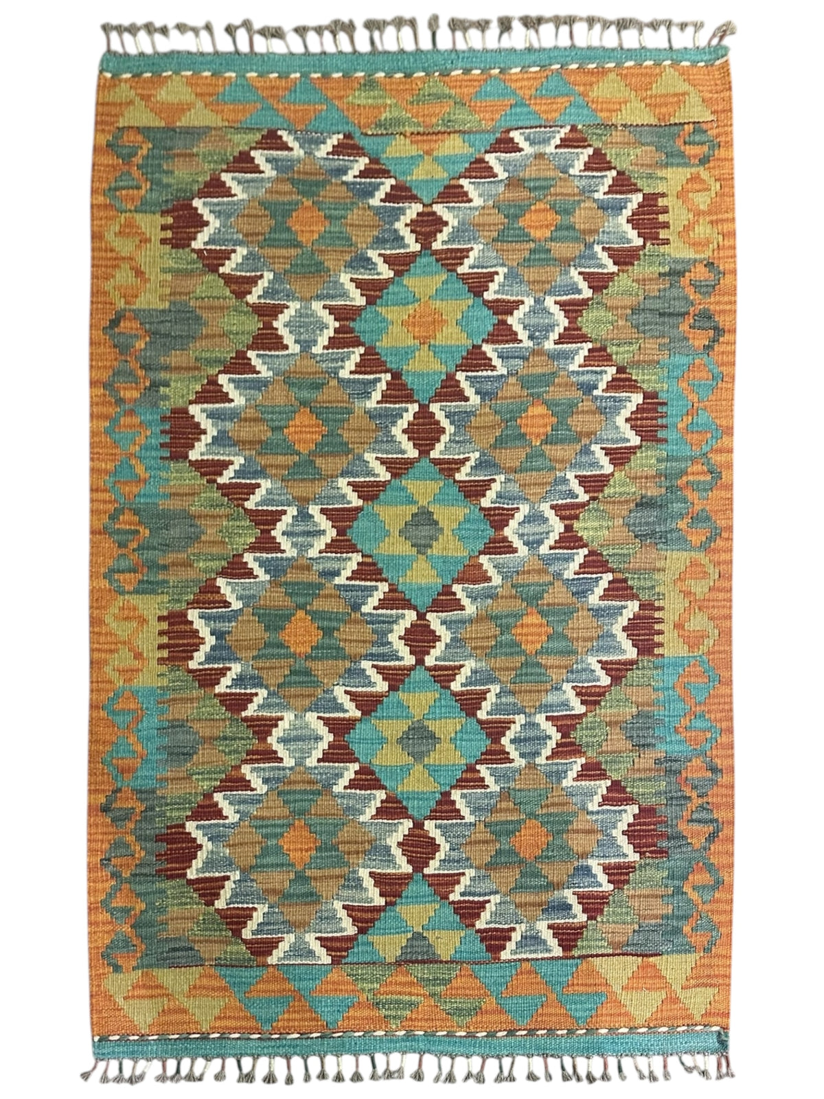 Afghan Kilim Rug 3x4, Orange, Teal & Brown, Hand-Woven Wool Flatweave