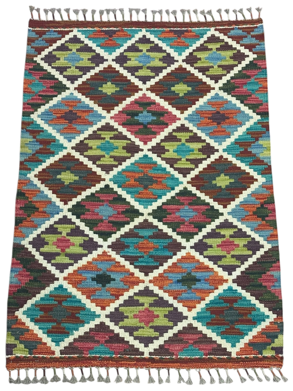 Afghan Kilim Rug 3x4, Brown, Ivory & Teal, Diamond Lattice Wool Flatweave, Olive Green Accents, view 2