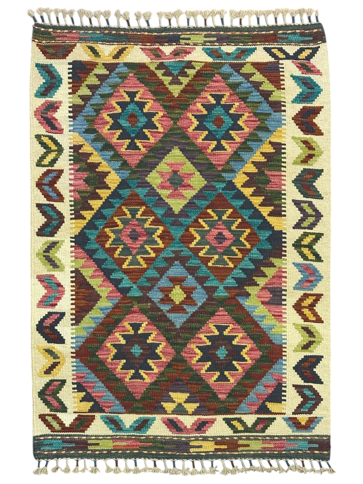 Afghan Kilim Rug 3x4, Ivory, Brown & Teal, Diamond Lattice Wool Flatweave