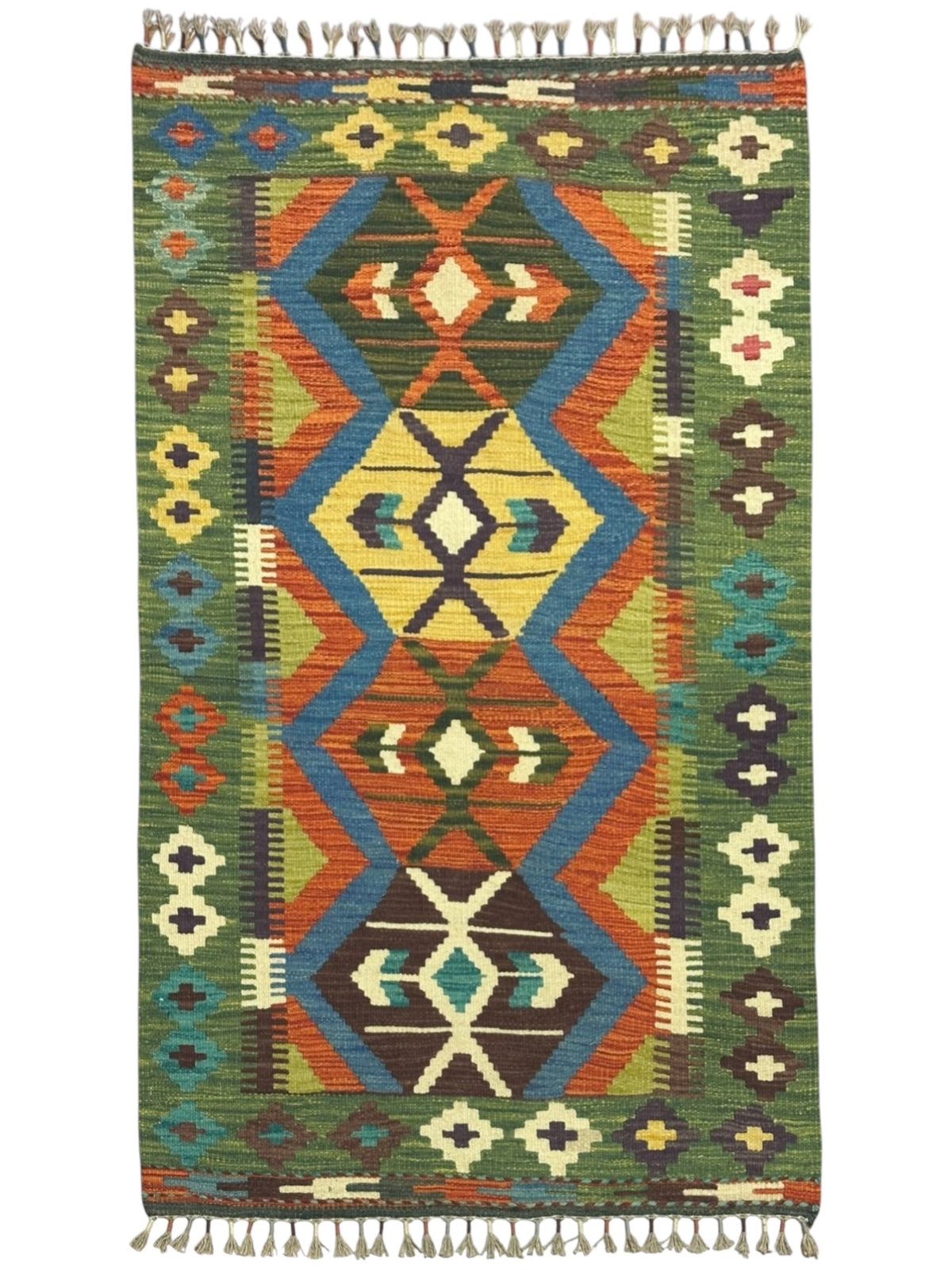 Afghan Kilim Rug 3x4, Green, Rust & Blue, Hand-Woven Wool Flatweave
