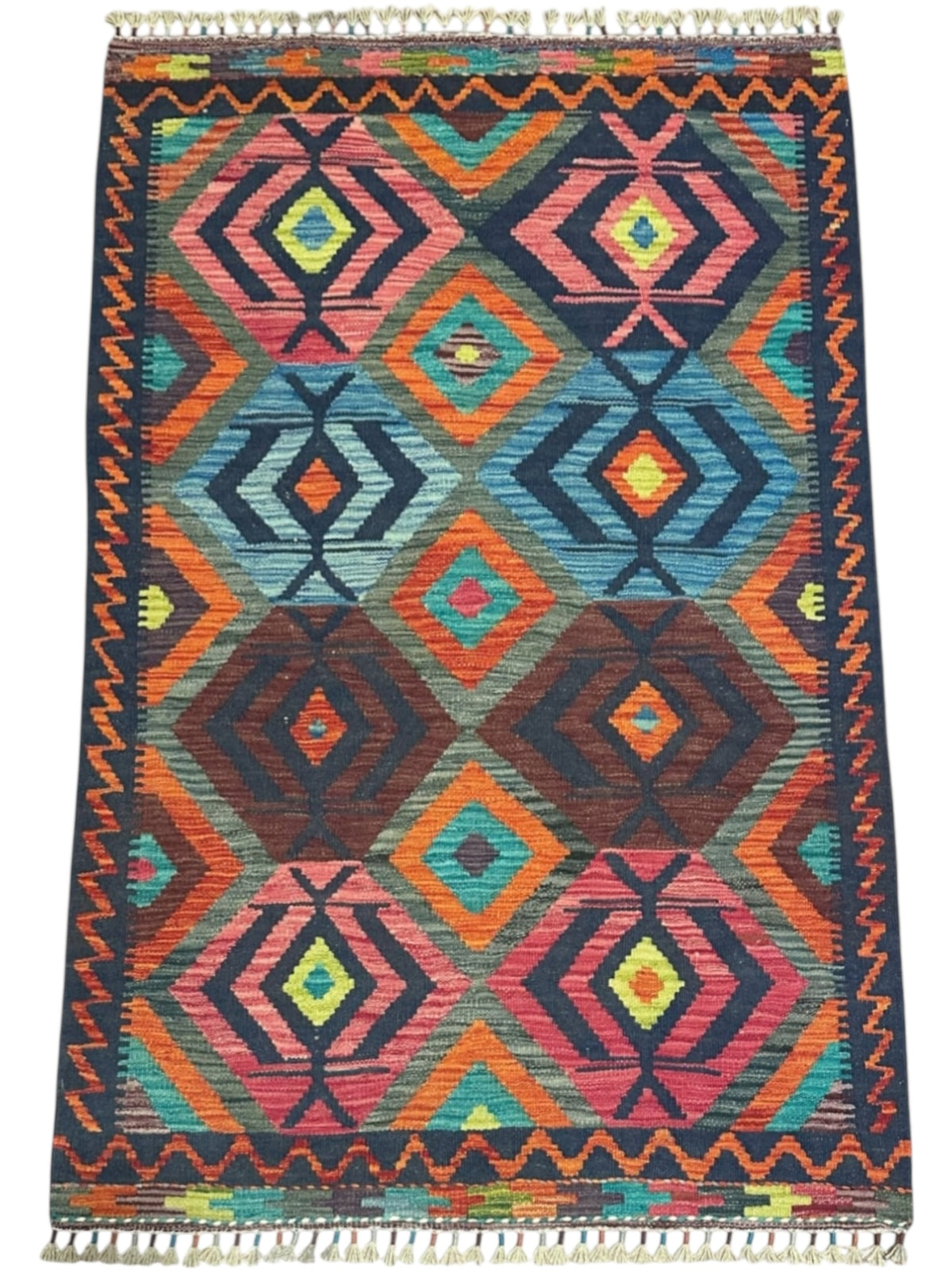 Afghan Kilim Rug 3x5, Navy, Pink & Orange, Hand-Woven Wool Flatweave, view 2