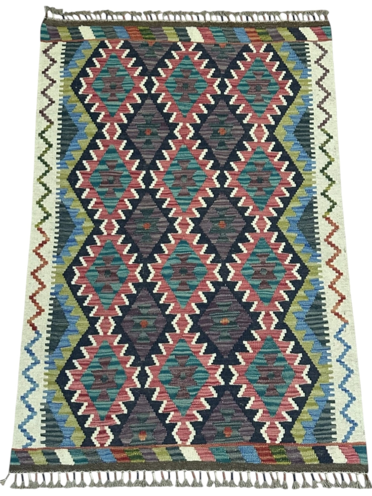 Afghan Kilim Rug 3x5, Navy, Ivory & Teal, Hand-Woven Wool Flatweave, view 2
