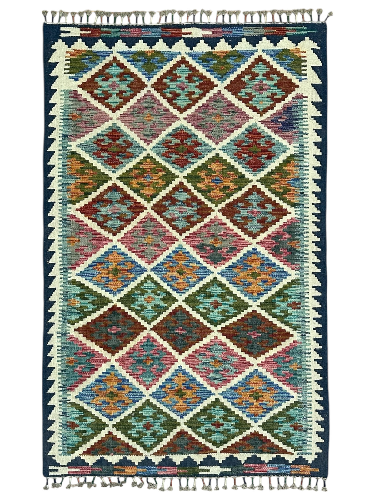 Afghan Kilim Rug 3x5, Ivory, Brown & Green, Hand-Woven Wool Flatweave