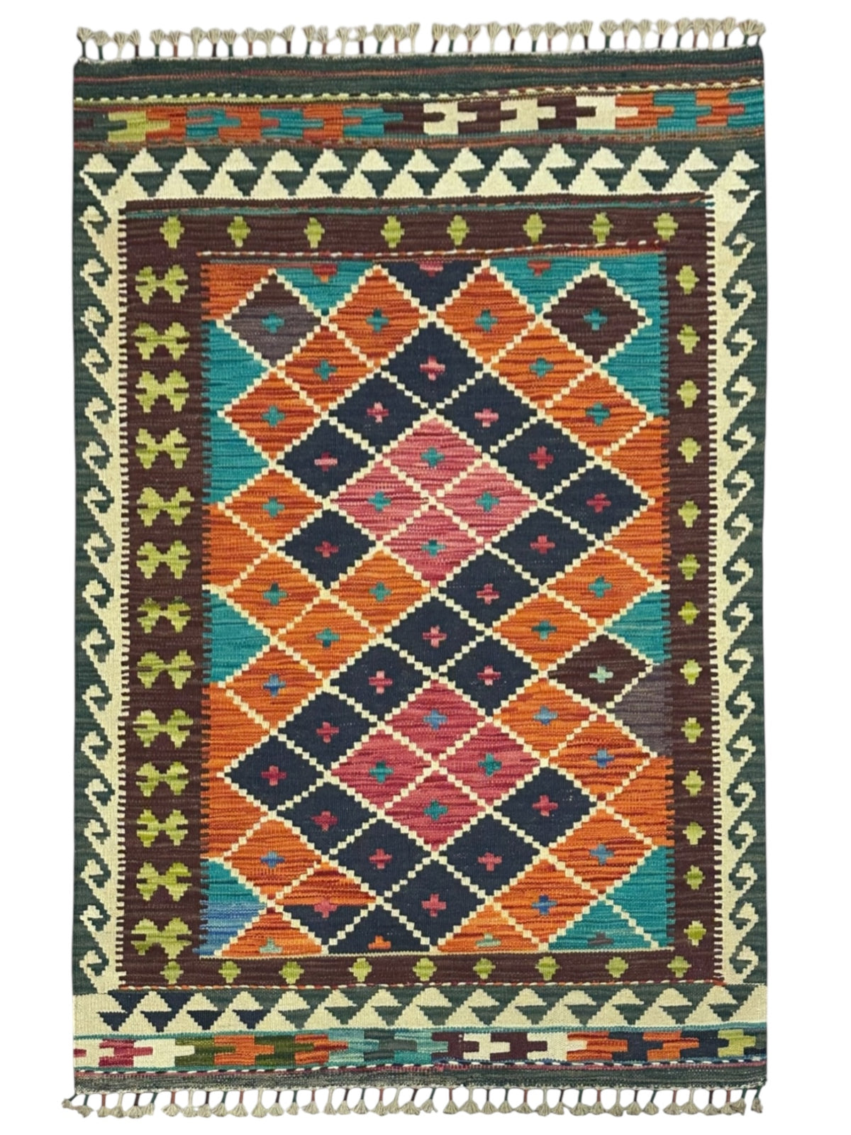 Afghan Kilim Rug 4x5, Rust, Navy & Ivory, Hand-Woven Wool Flatweave