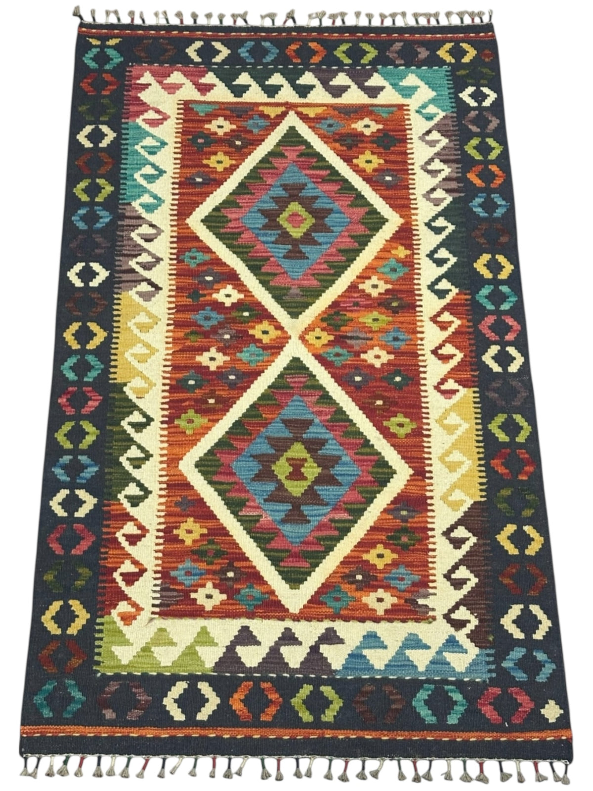 Afghan Kilim Rug 3x5, Rust, Navy & Ivory, Diamond Medallion Wool Flatweave, view 2