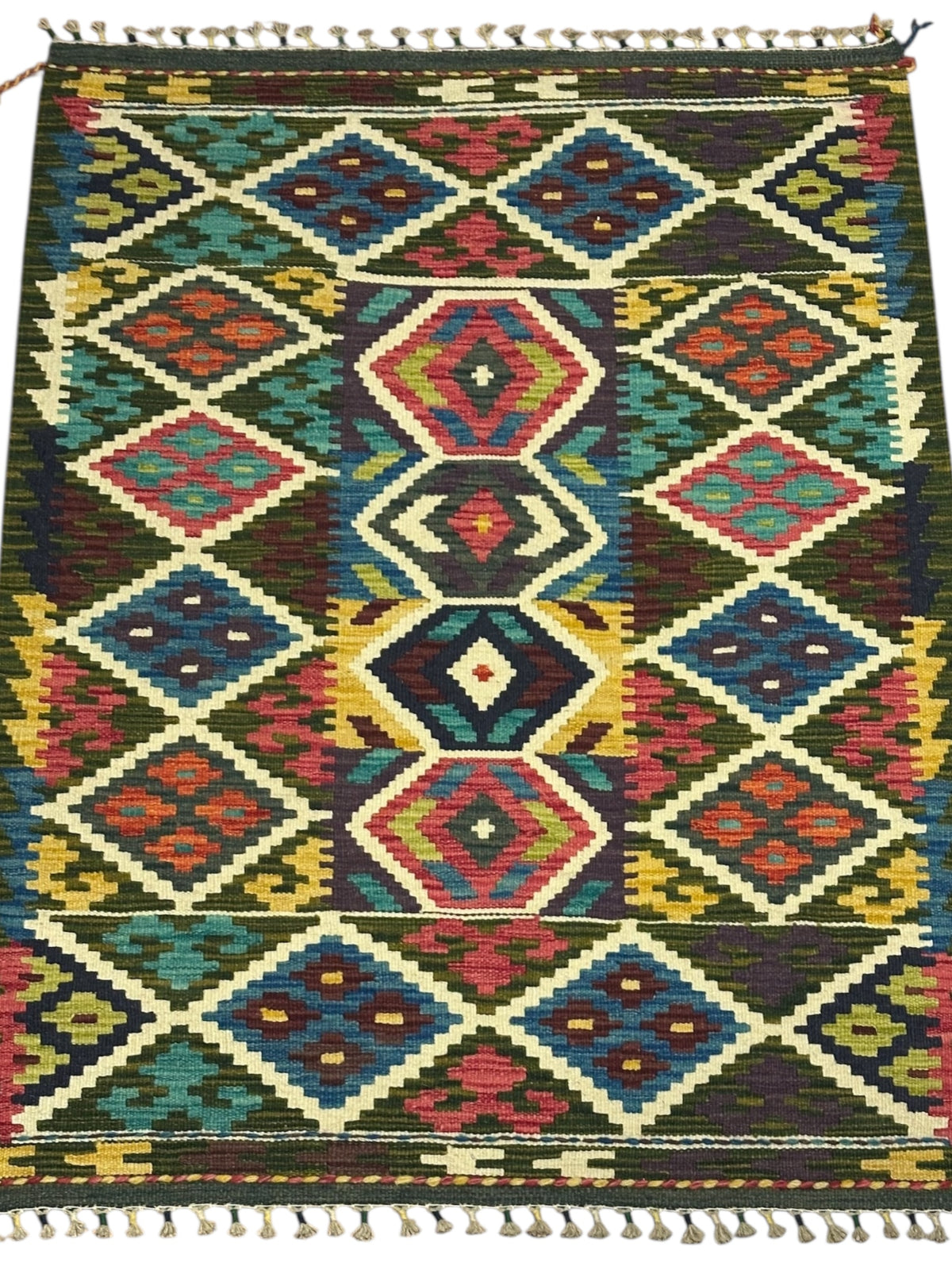 Afghan Kilim Rug 3x5, Brown, Ivory & Teal, Hand-Woven Wool Flatweave, view 2