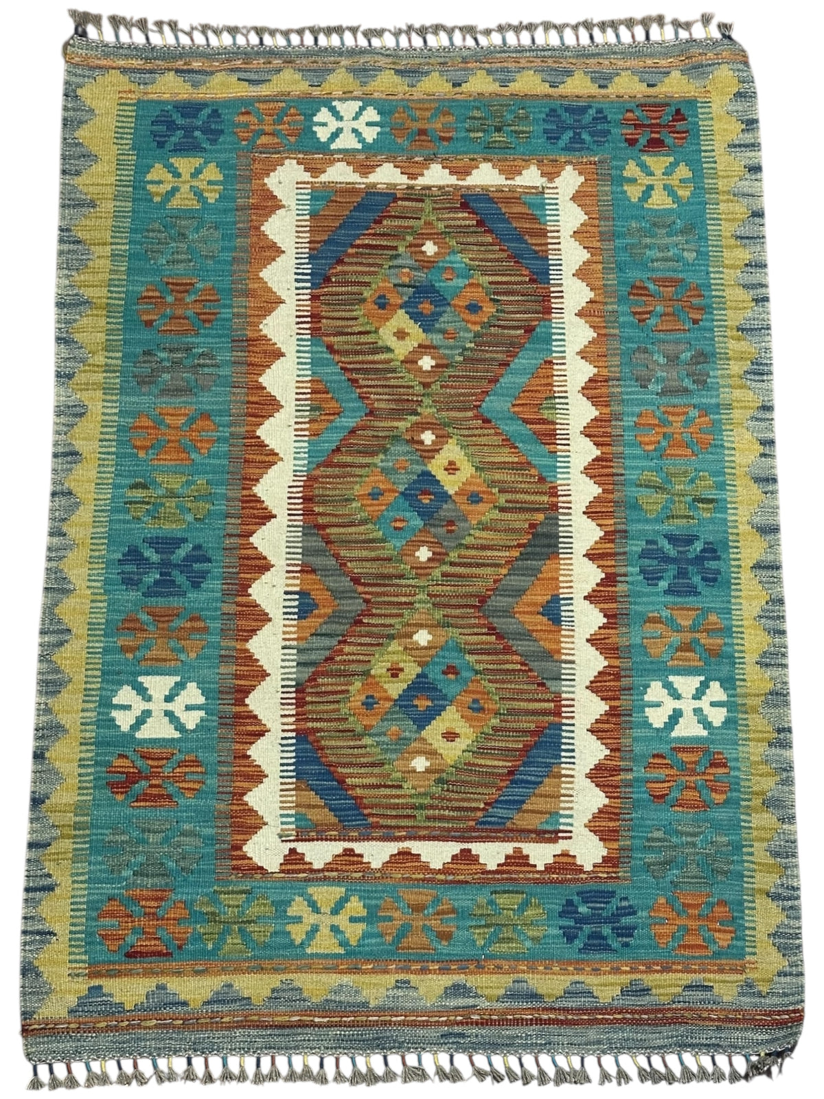 Afghan Kilim Rug 3x5, Teal, Brown & Gold, Hand-Woven Wool Flatweave, view 2