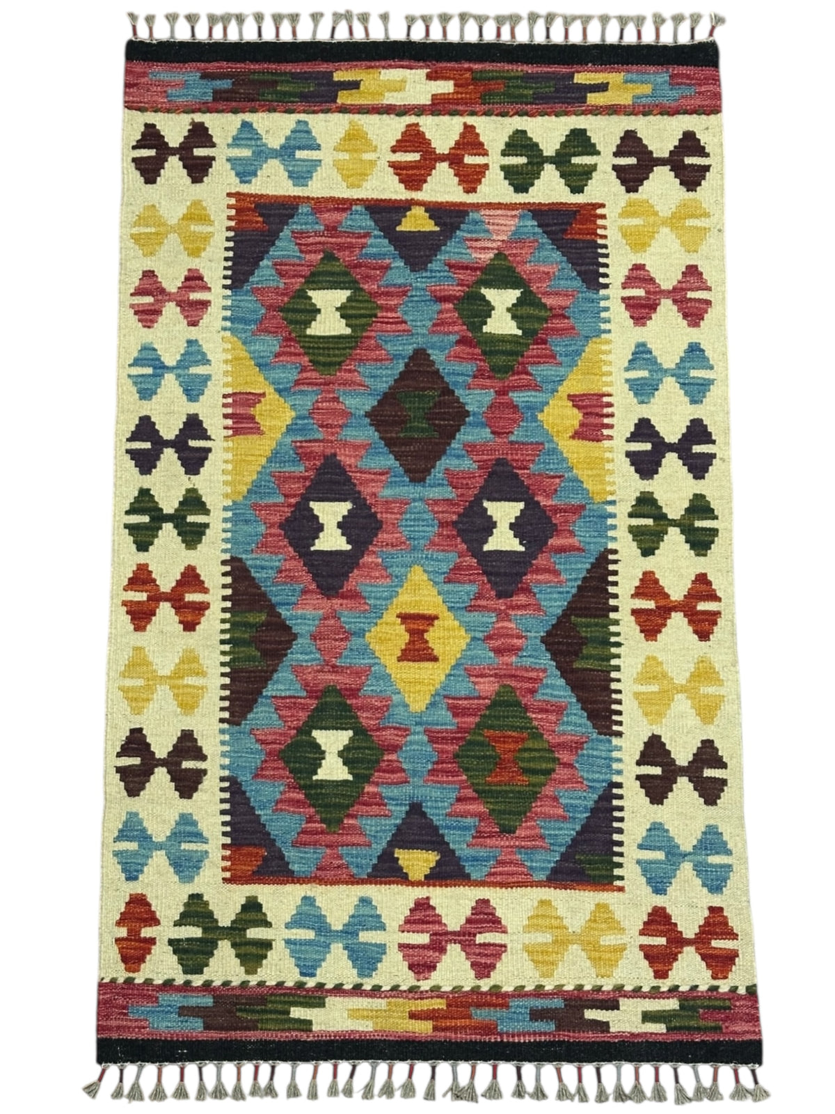 Afghan Kilim Rug 3x4, Ivory, Blue & Pink, Hand-Woven Wool Flatweave, view 2