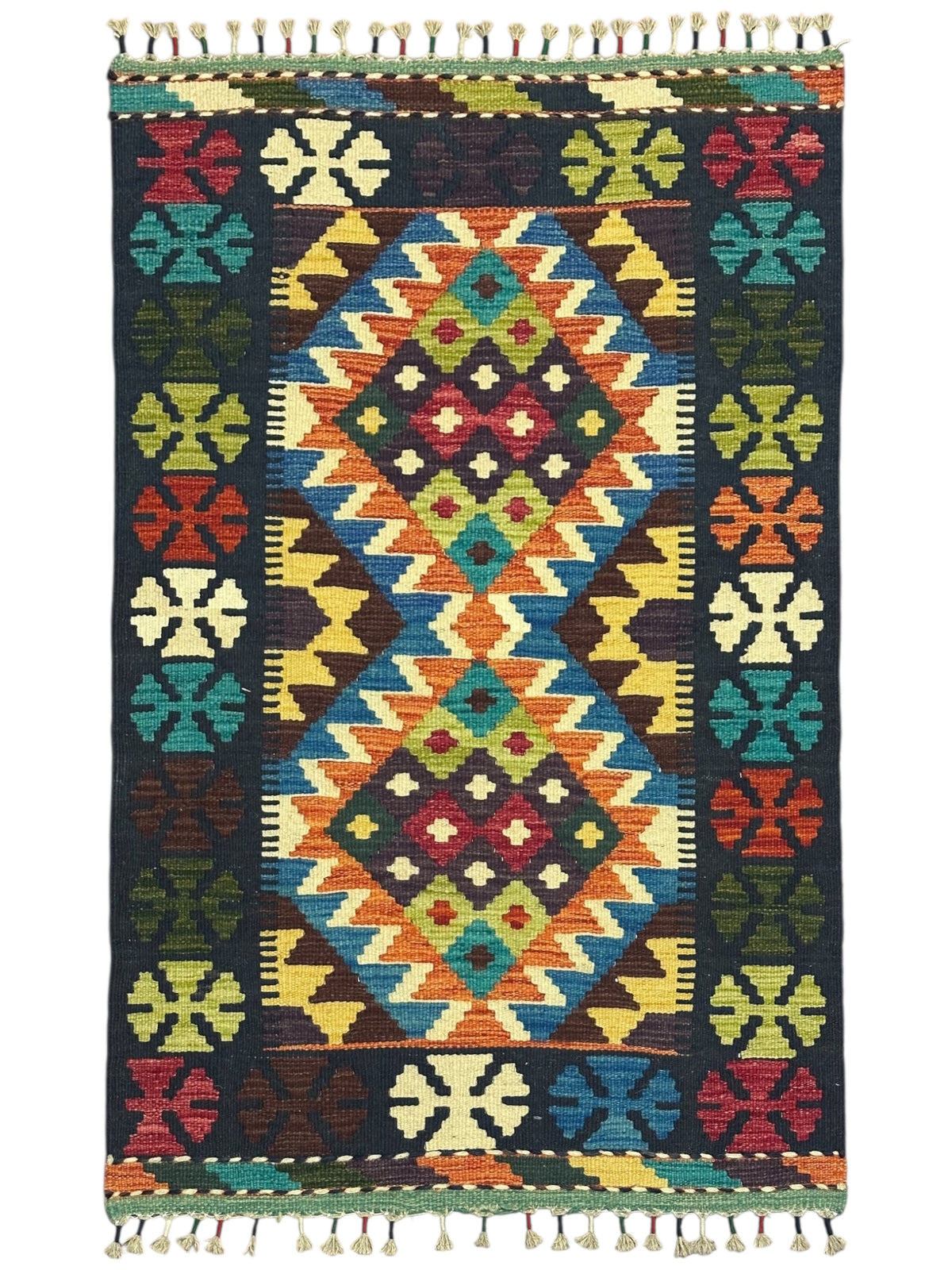 Afghan Kilim Rug 3x4, Navy, Orange & Teal, Diamond Medallion Wool Flatweave