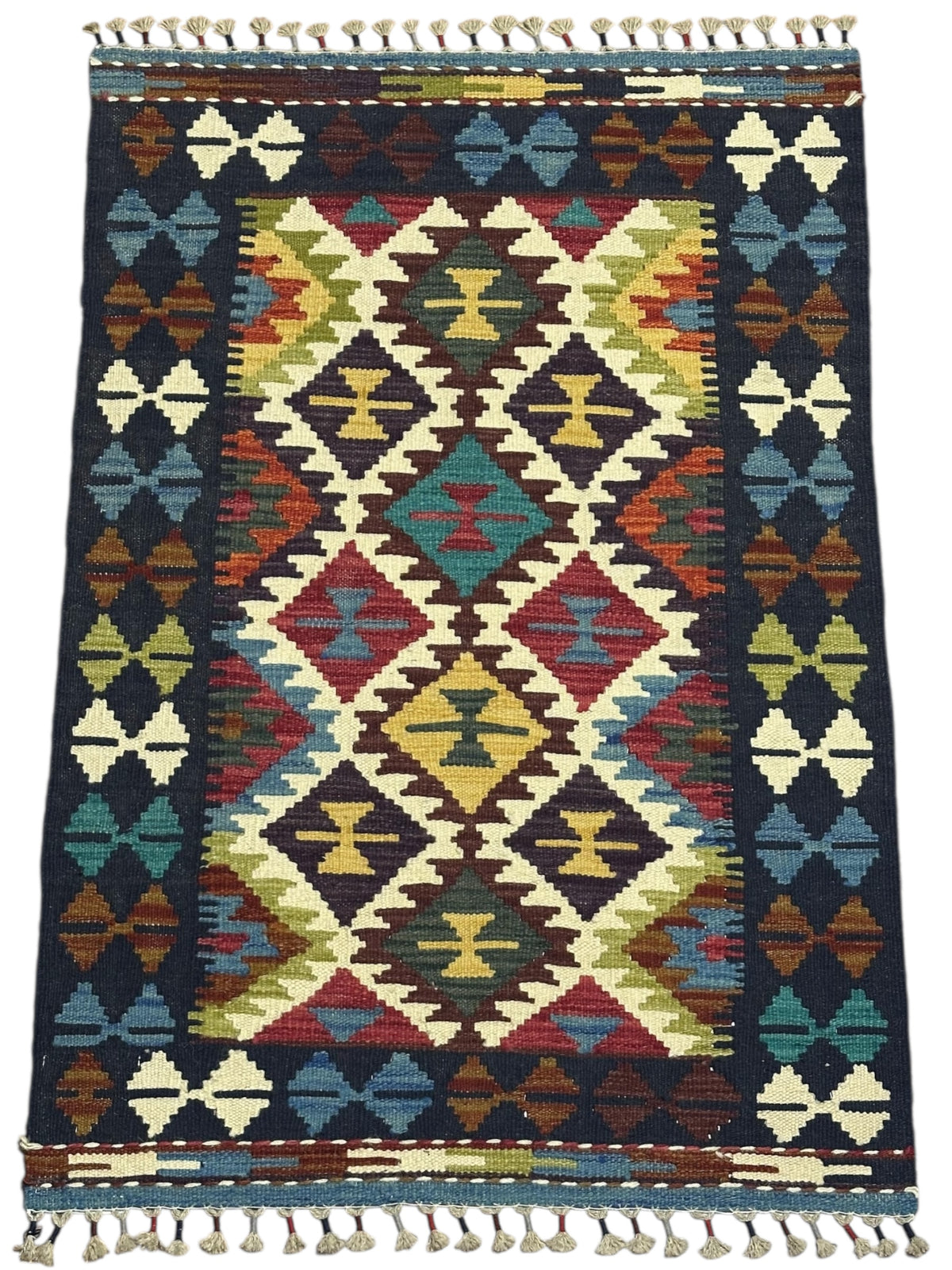 Afghan Kilim Rug 3x4, Navy, Ivory & Rust, Diamond Medallion Wool Flatweave, Gold Accents, view 2