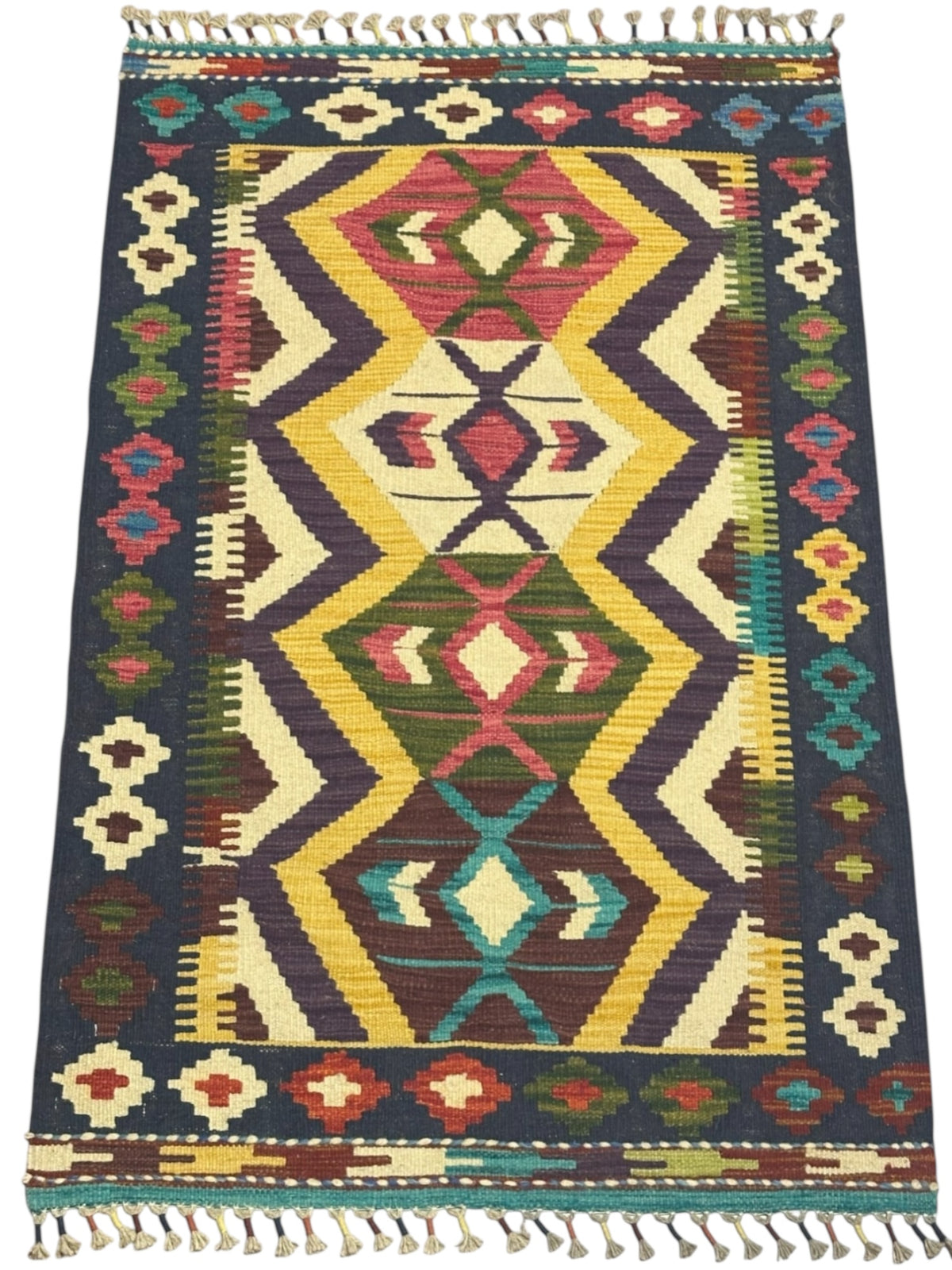 Afghan Kilim Rug 3x4, Navy, Gold & Ivory, Diamond Medallion Wool Flatweave, view 2