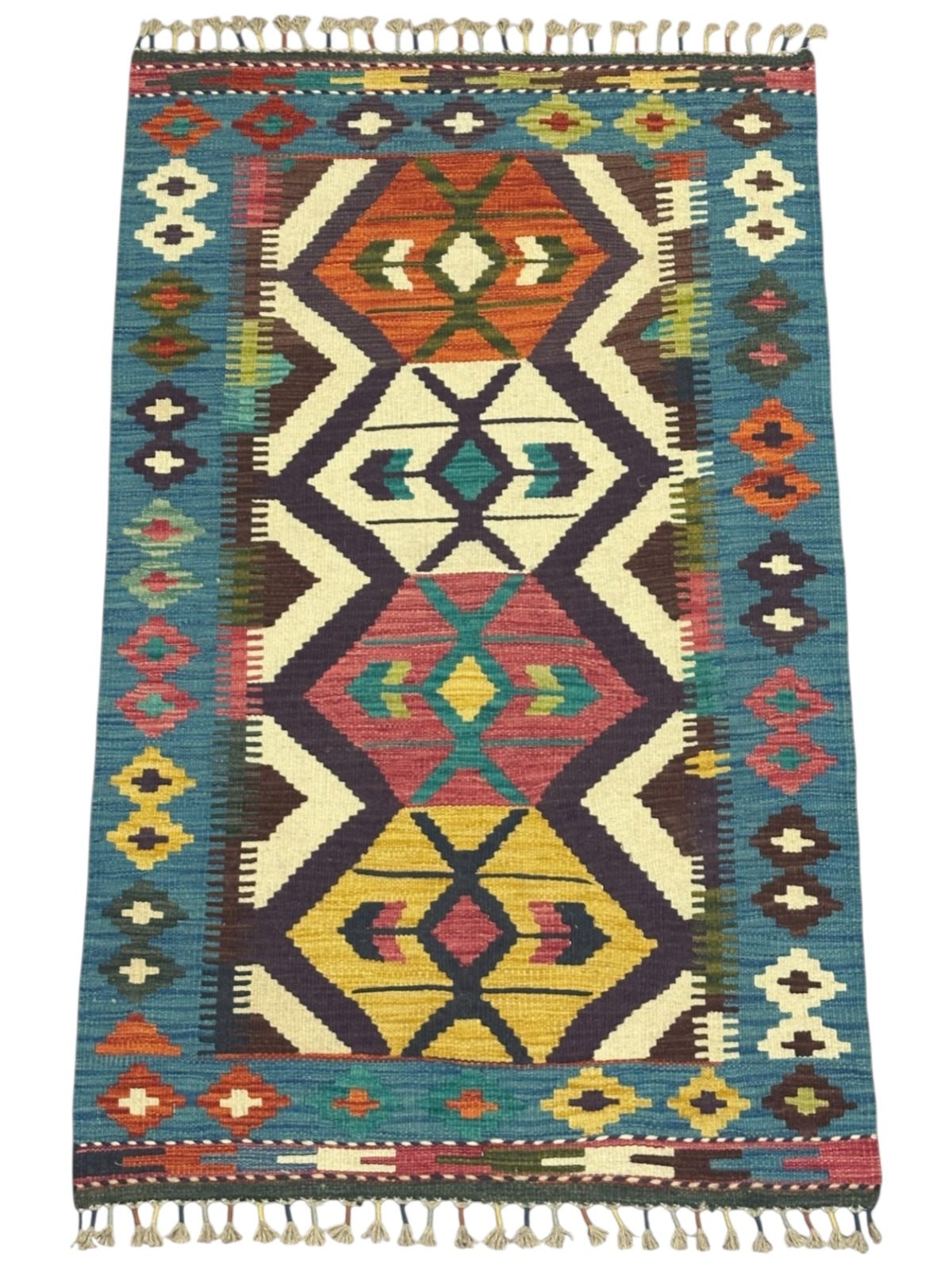 Afghan Kilim Rug 3x4, Blue, Ivory & Rust, Diamond Medallion Wool Flatweave, view 2