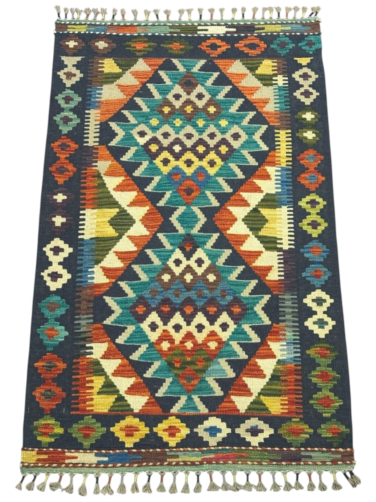 Afghan Kilim Rug 3x4, Navy, Teal & Ivory, Diamond Medallion Wool Flatweave, Rust Accents, view 2