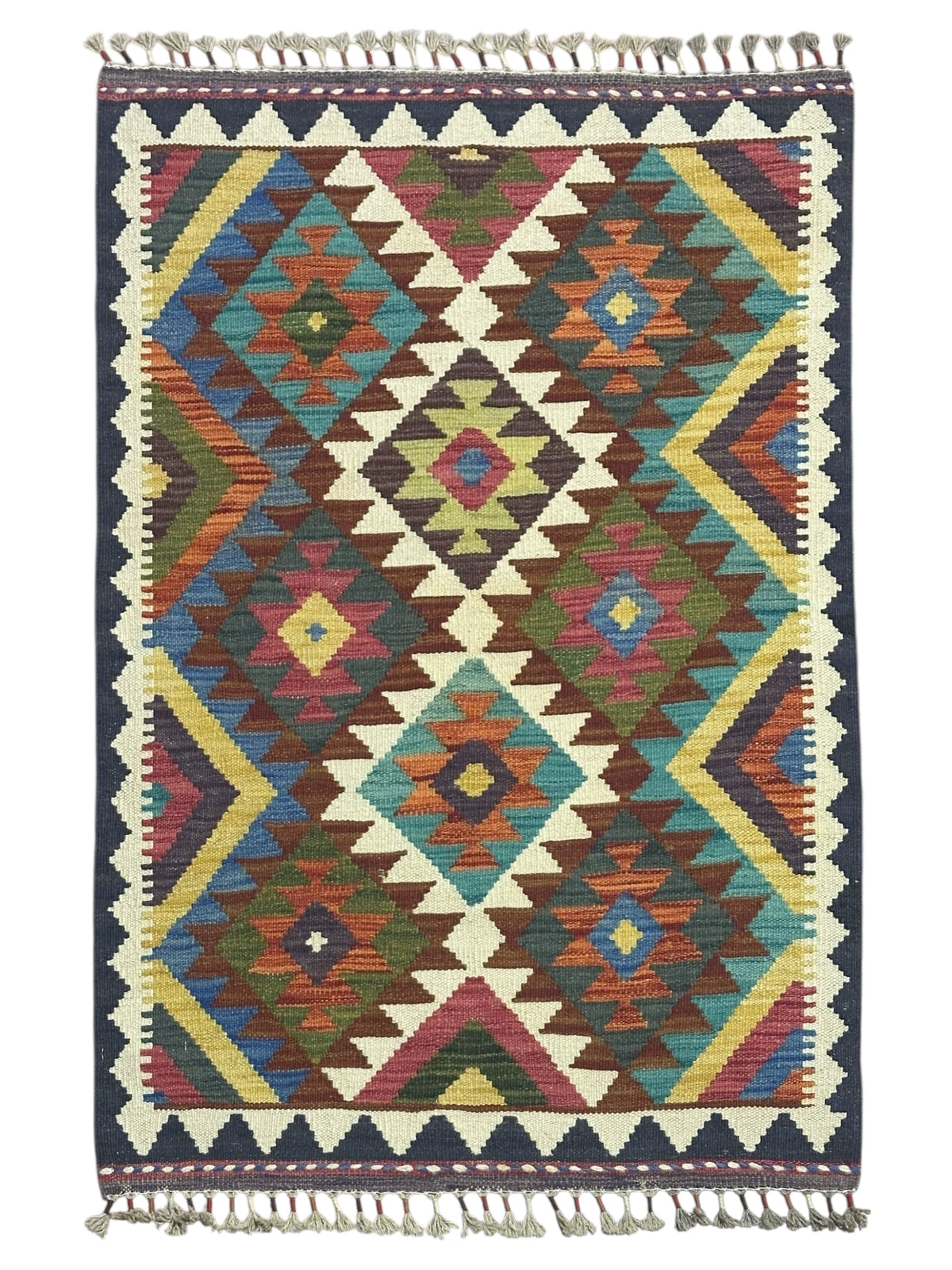 Afghan Kilim Rug 3x4, Brown, Ivory & Teal, Diamond Lattice Wool Flatweave, Olive Green Accents