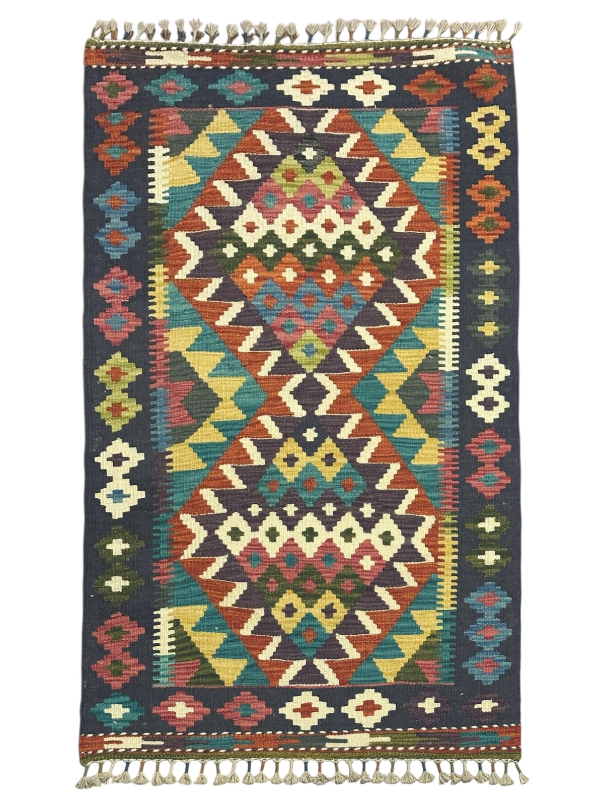 Afghan Kilim Rug 3x4, Navy, Rust & Ivory, Diamond Medallion Wool Flatweave