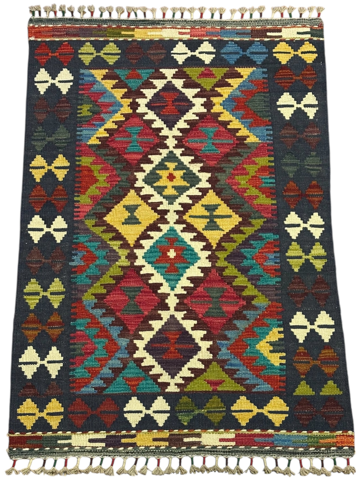 Afghan Kilim Rug 3x4, Navy, Ivory & Rust, Diamond Medallion Wool Flatweave, Olive Green Accents, view 2