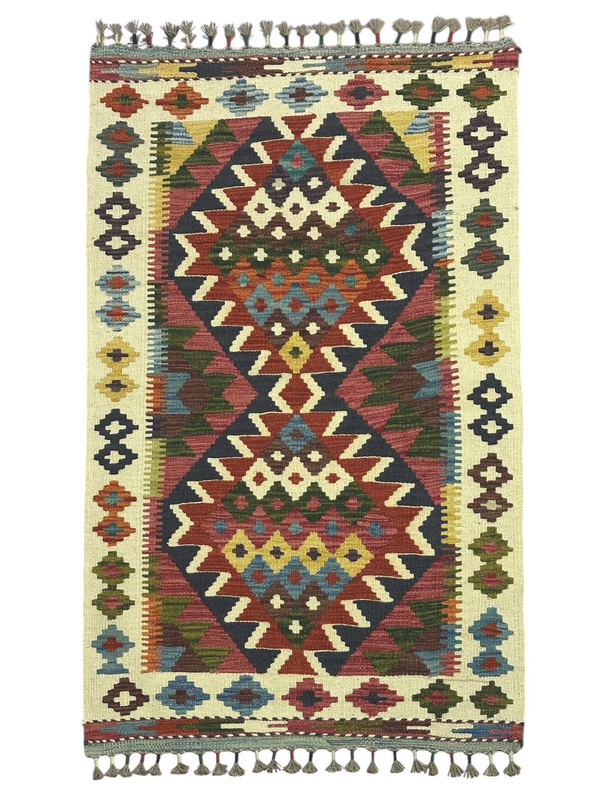 Afghan Kilim Rug 3x4, Ivory, Brown & Rust, Hand-Woven Wool Flatweave