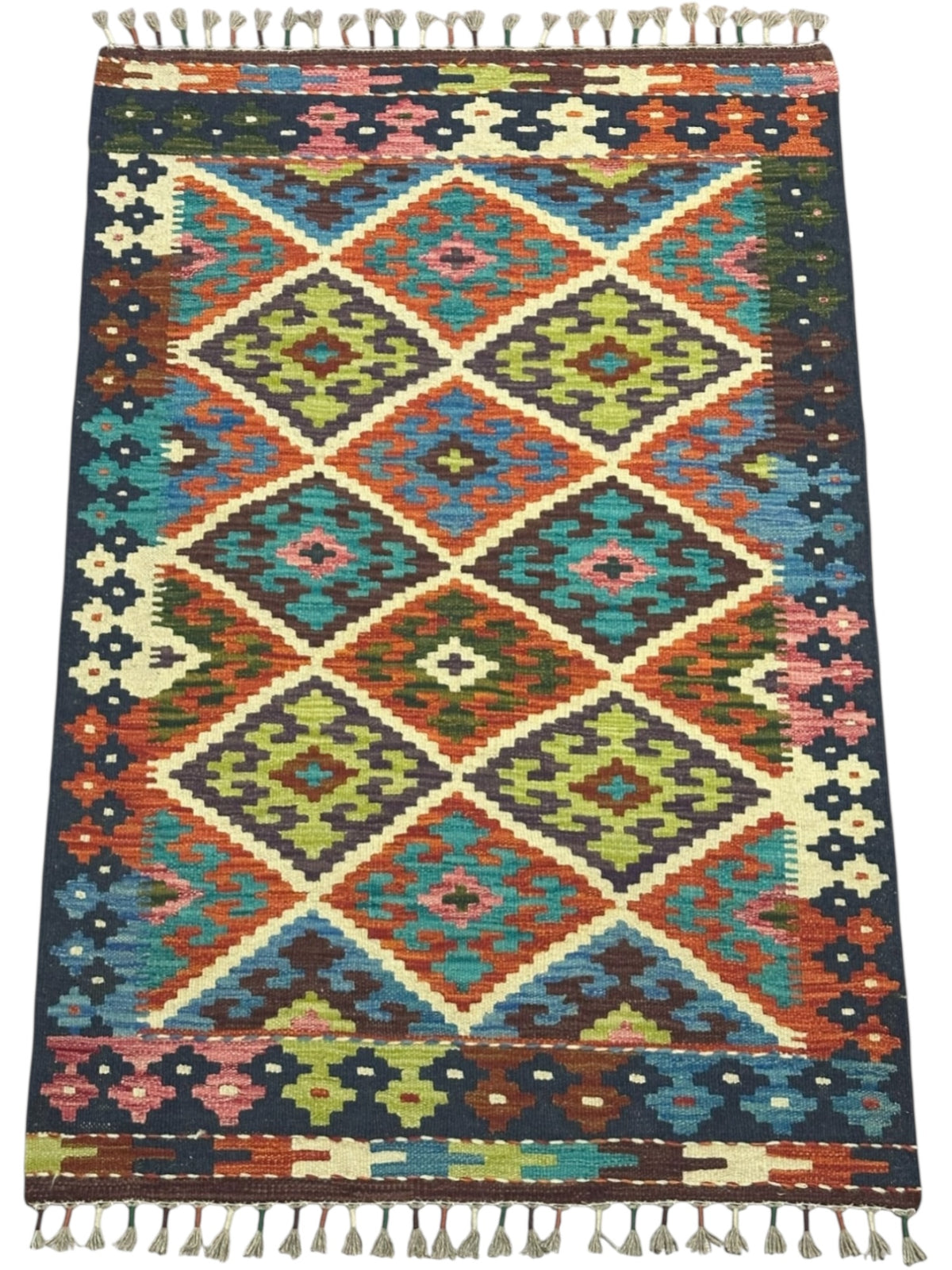 Afghan Kilim Rug 3x4, Navy, Ivory & Olive Green, Hand-Woven Wool Flatweave, view 2