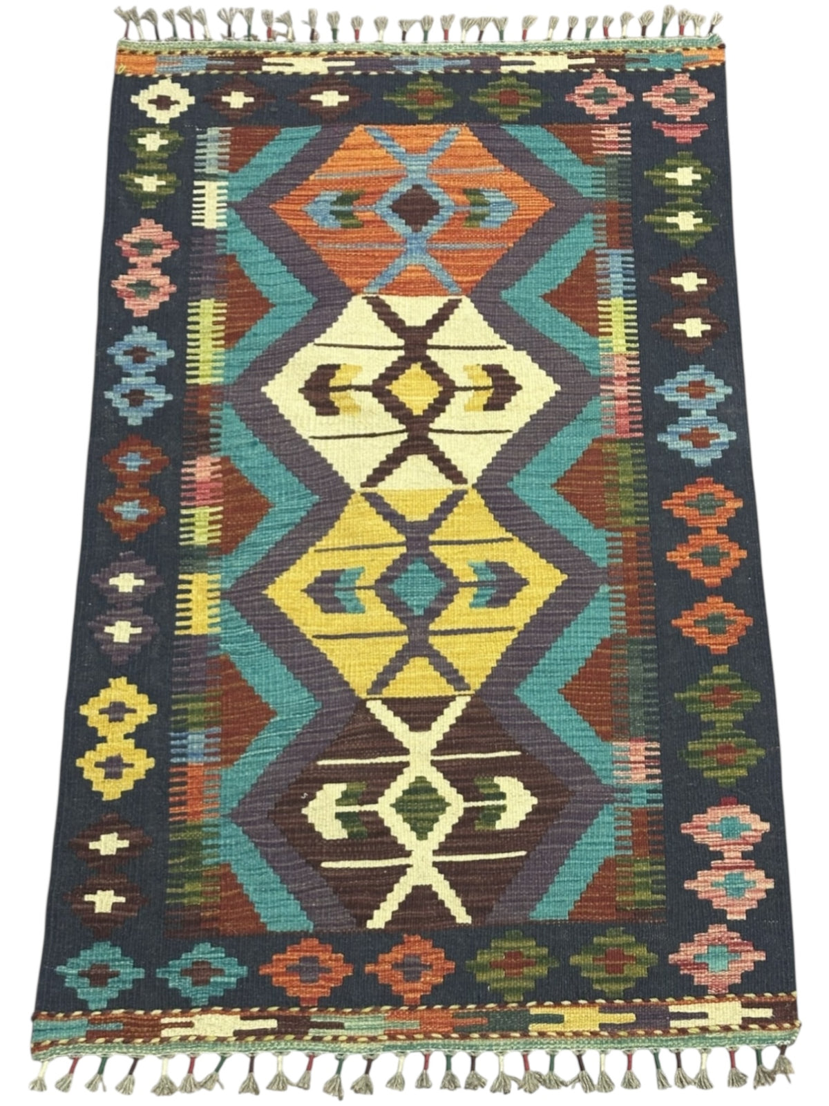 Afghan Kilim Rug 3x4, Navy, Blue & Ivory, Hand-Woven Wool Flatweave, view 2