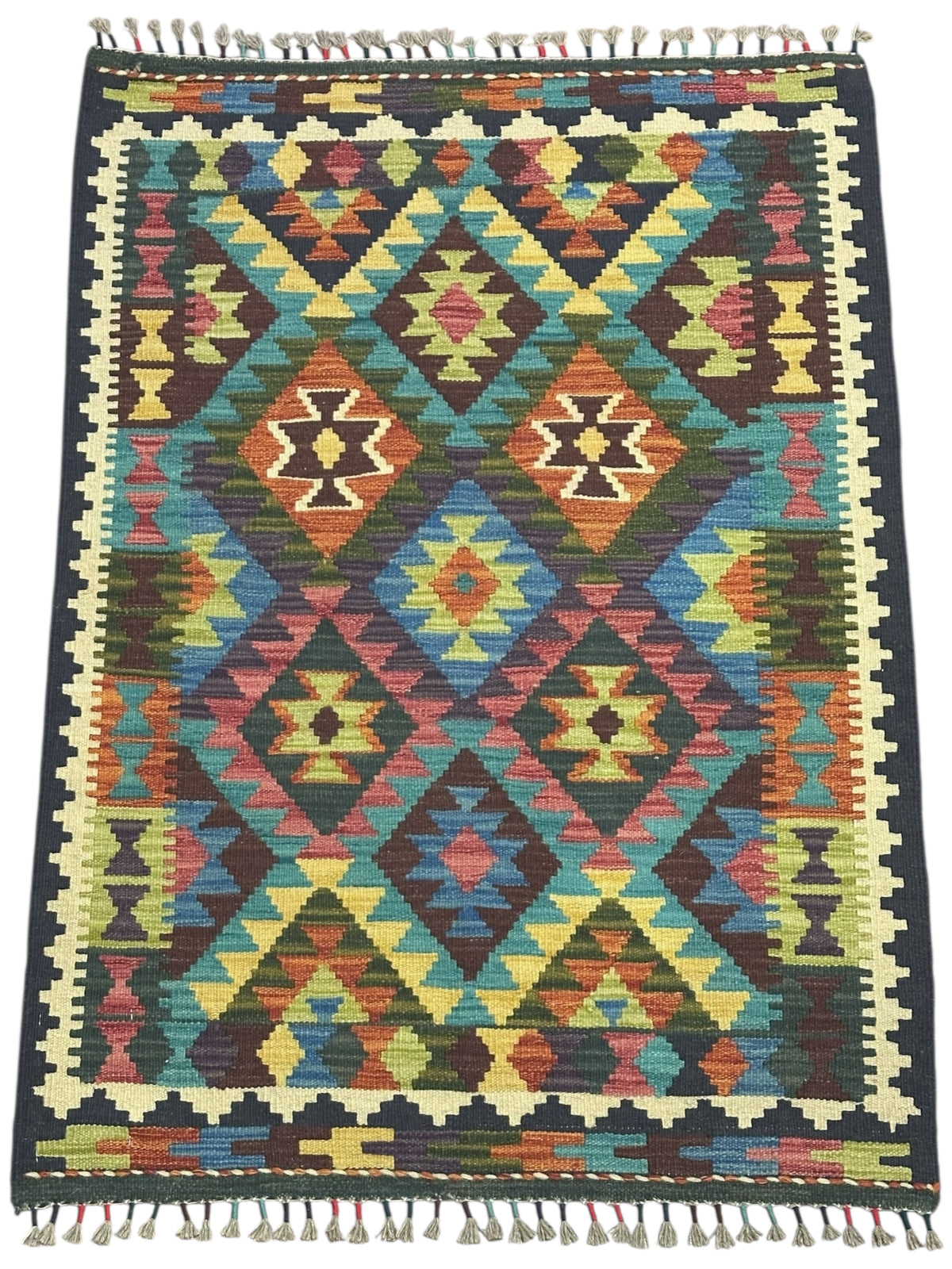 Afghan Kilim Rug 3x4, Navy, Teal & Ivory, Hand-Woven Wool Flatweave, view 2