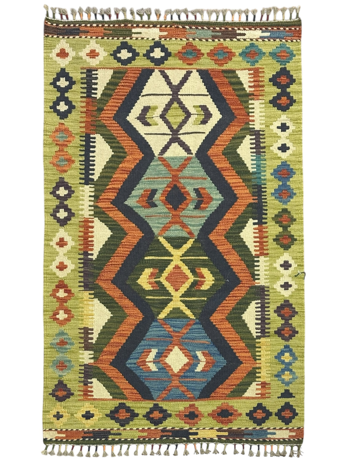 Afghan Kilim Rug 3x4, Olive Green, Navy & Ivory, Hand-Woven Wool Flatweave