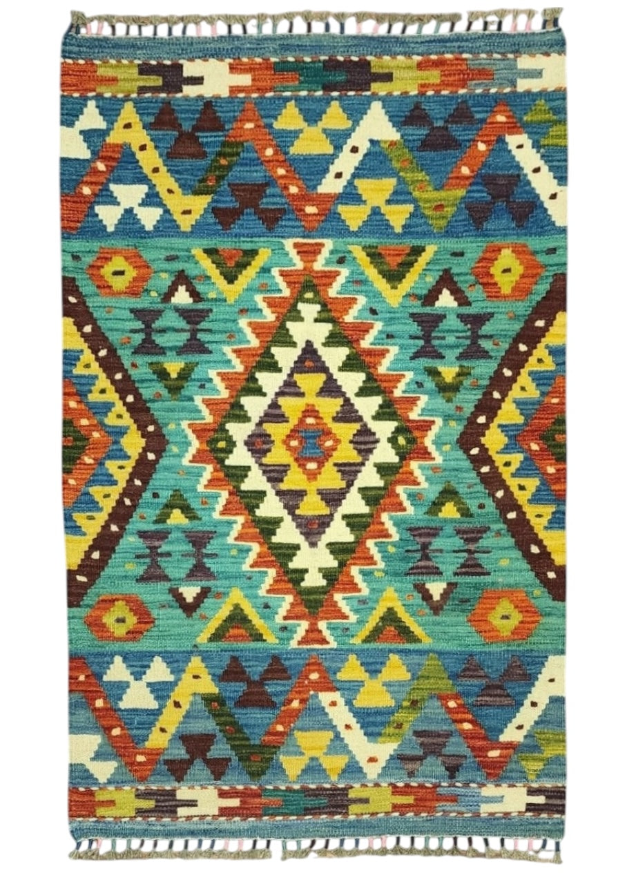 Afghan Kilim Rug 2'9" x 3'10", Hand-Woven Wool, No. 273