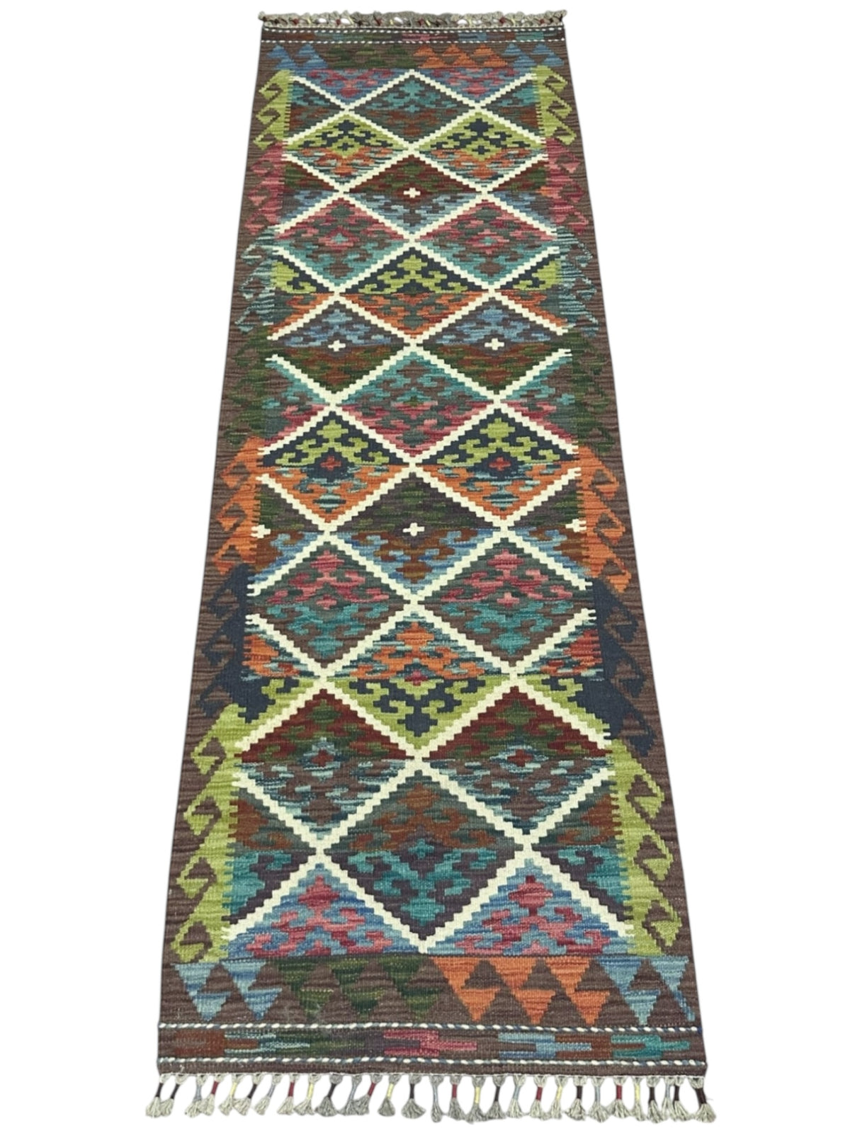 Afghan Kilim Runner 2x7, Teal, Brown & Ivory, Hand-Woven Wool Flatweave, view 2