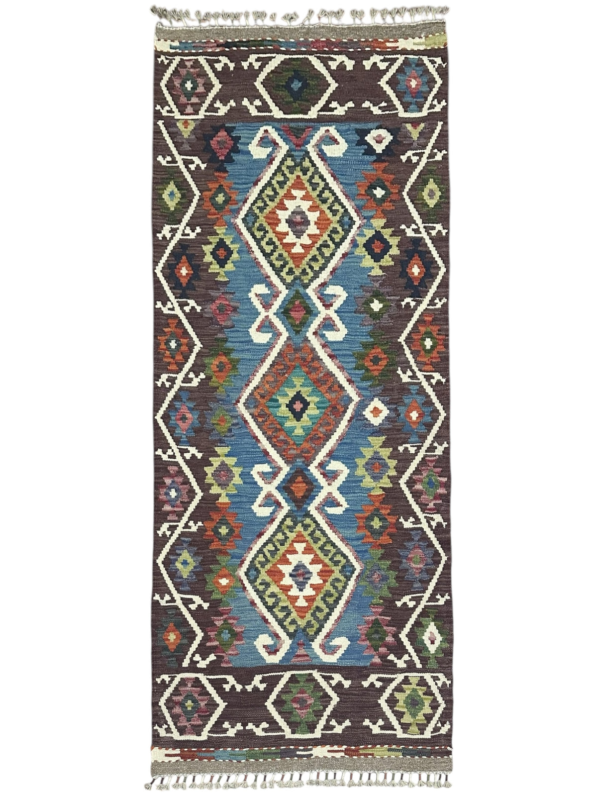 Afghan Kilim Runner 3x6, Brown, Blue & Ivory, Hand-Woven Wool Flatweave