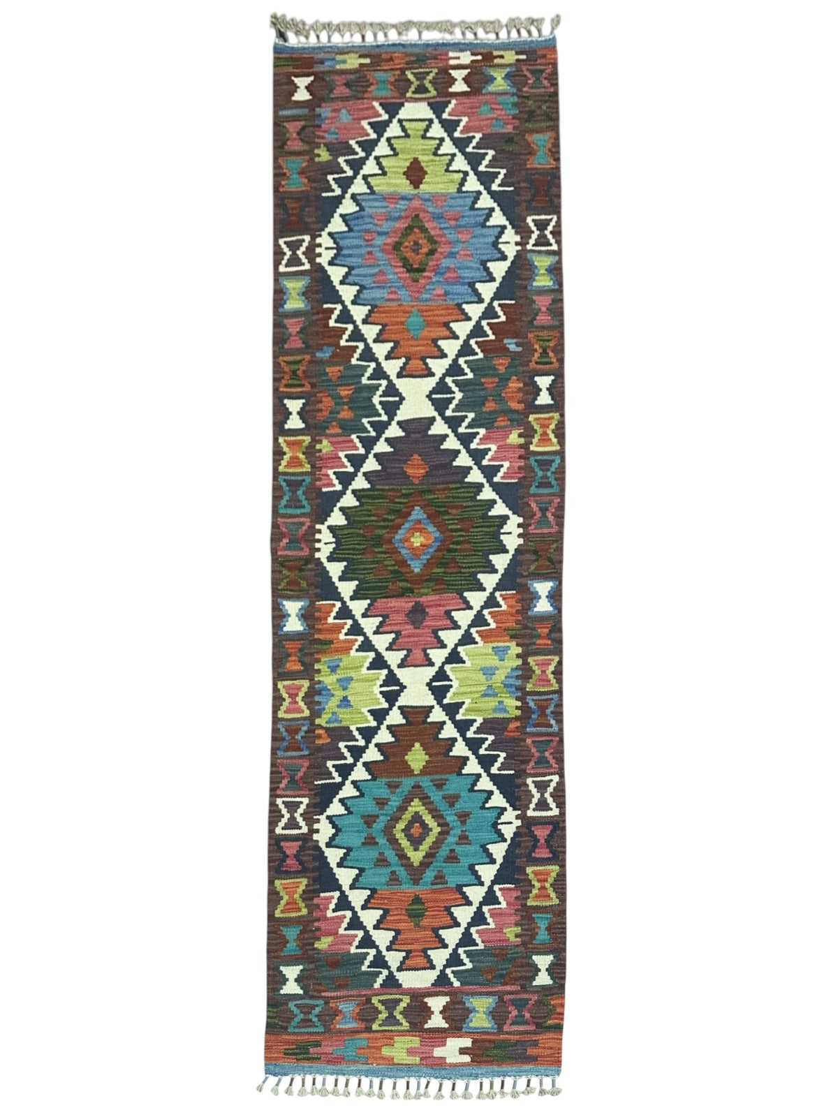 Afghan Kilim Runner 2x7, Brown, Teal & Ivory, Hand-Woven Wool Flatweave