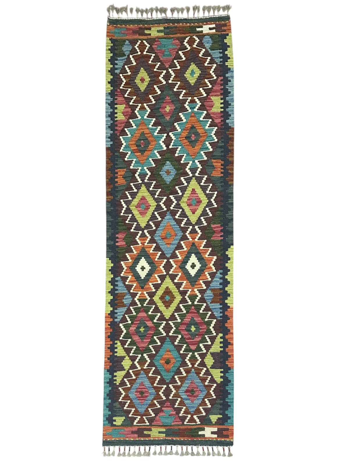 Afghan Kilim Runner 2x6, Brown, Teal & Rust, Hand-Woven Wool Flatweave