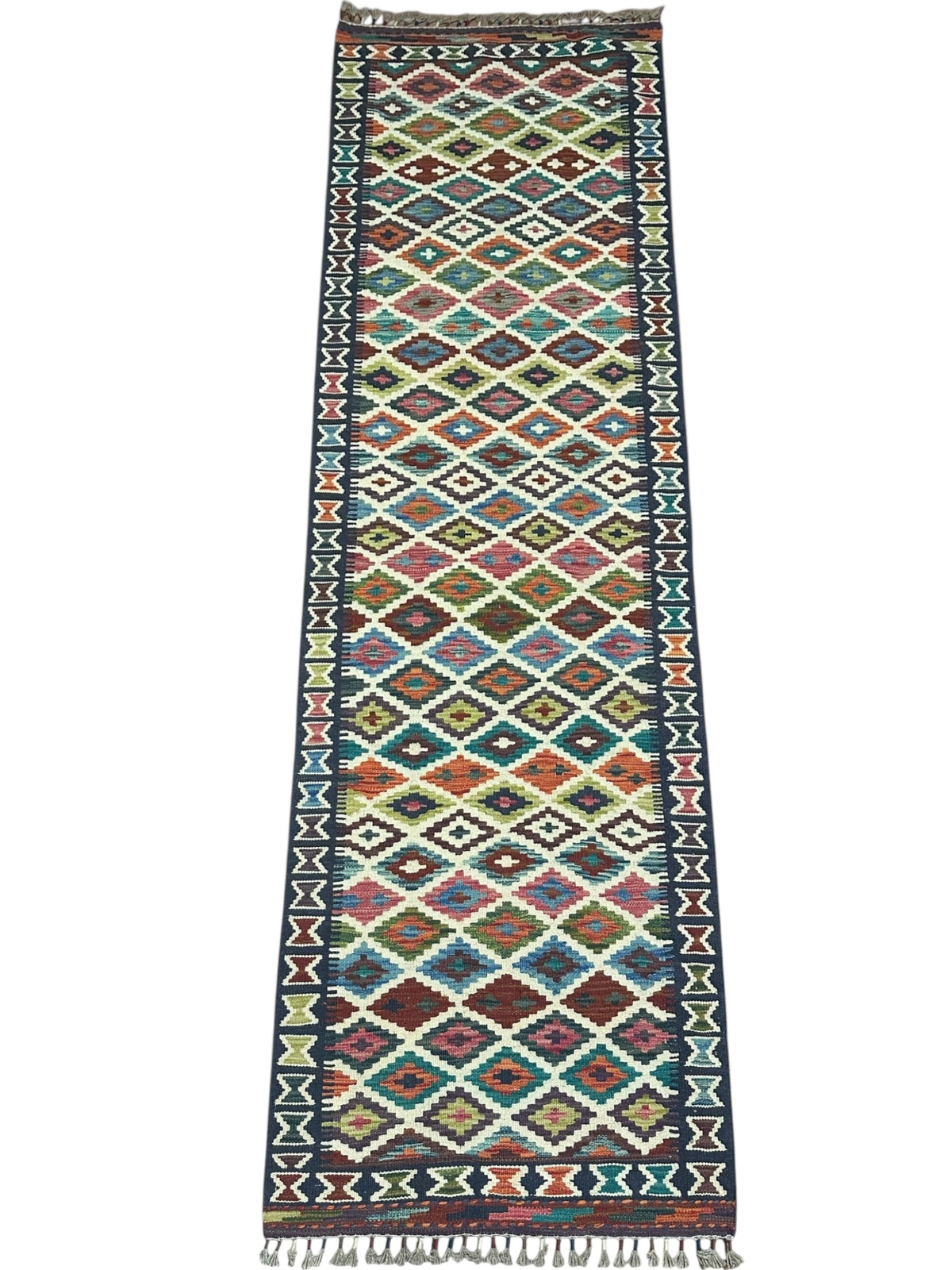 Afghan Kilim Runner 3x8, Ivory, Navy & Rust, Hand-Woven Wool Flatweave, view 2