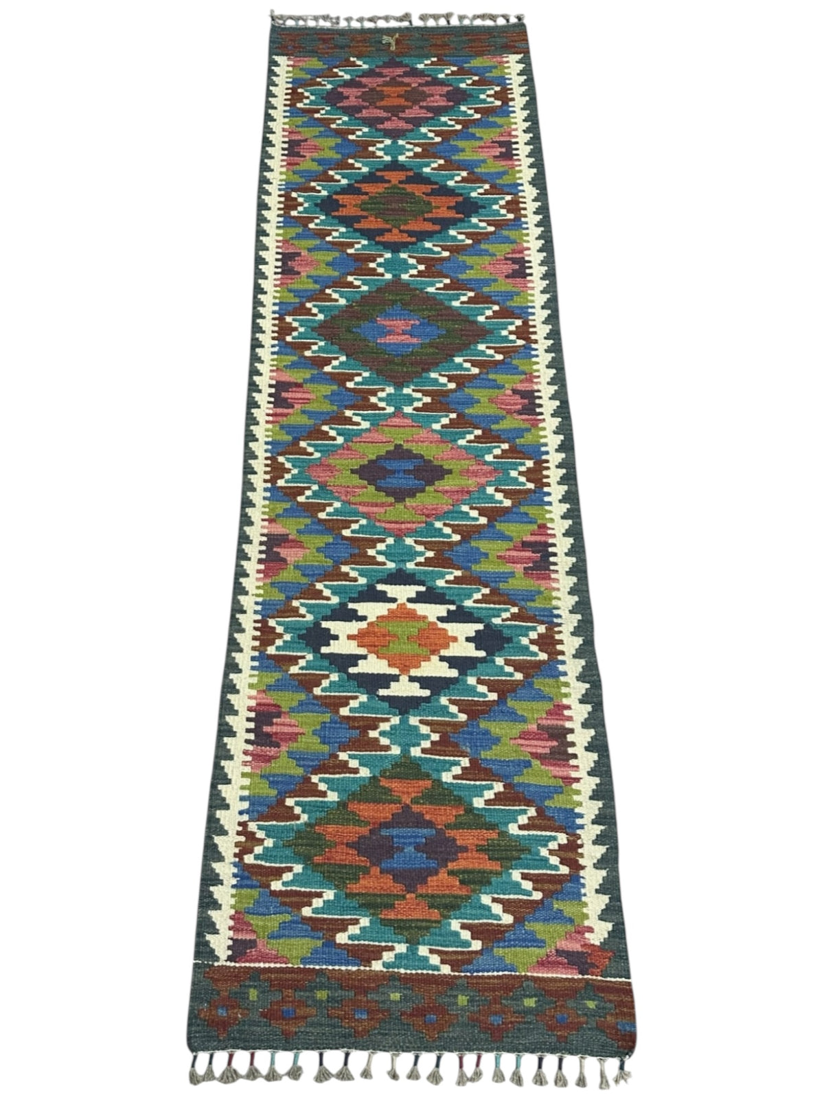 Afghan Kilim Runner 2x7, Teal, Rust & Brown, Hand-Woven Wool Flatweave, view 2