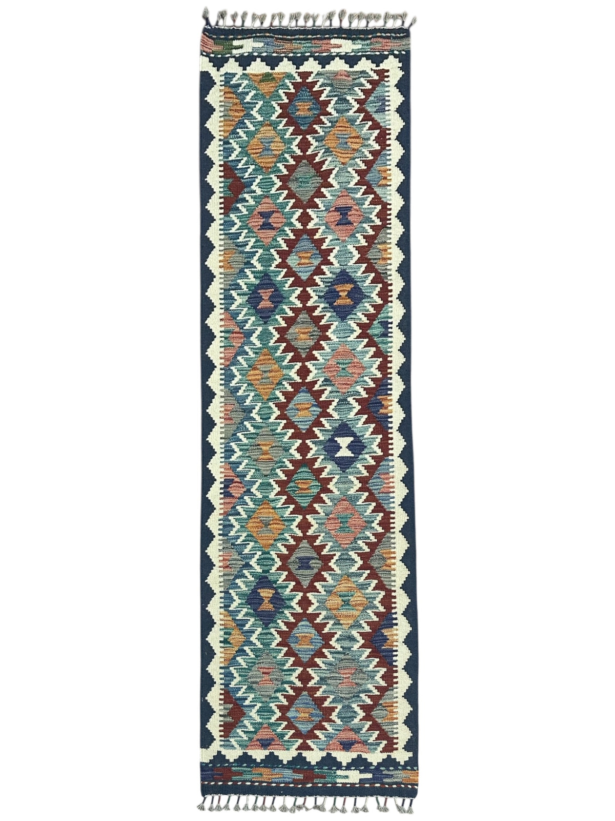 Afghan Kilim Runner 2x6, Ivory, Teal & Navy, Hand-Woven Wool Flatweave