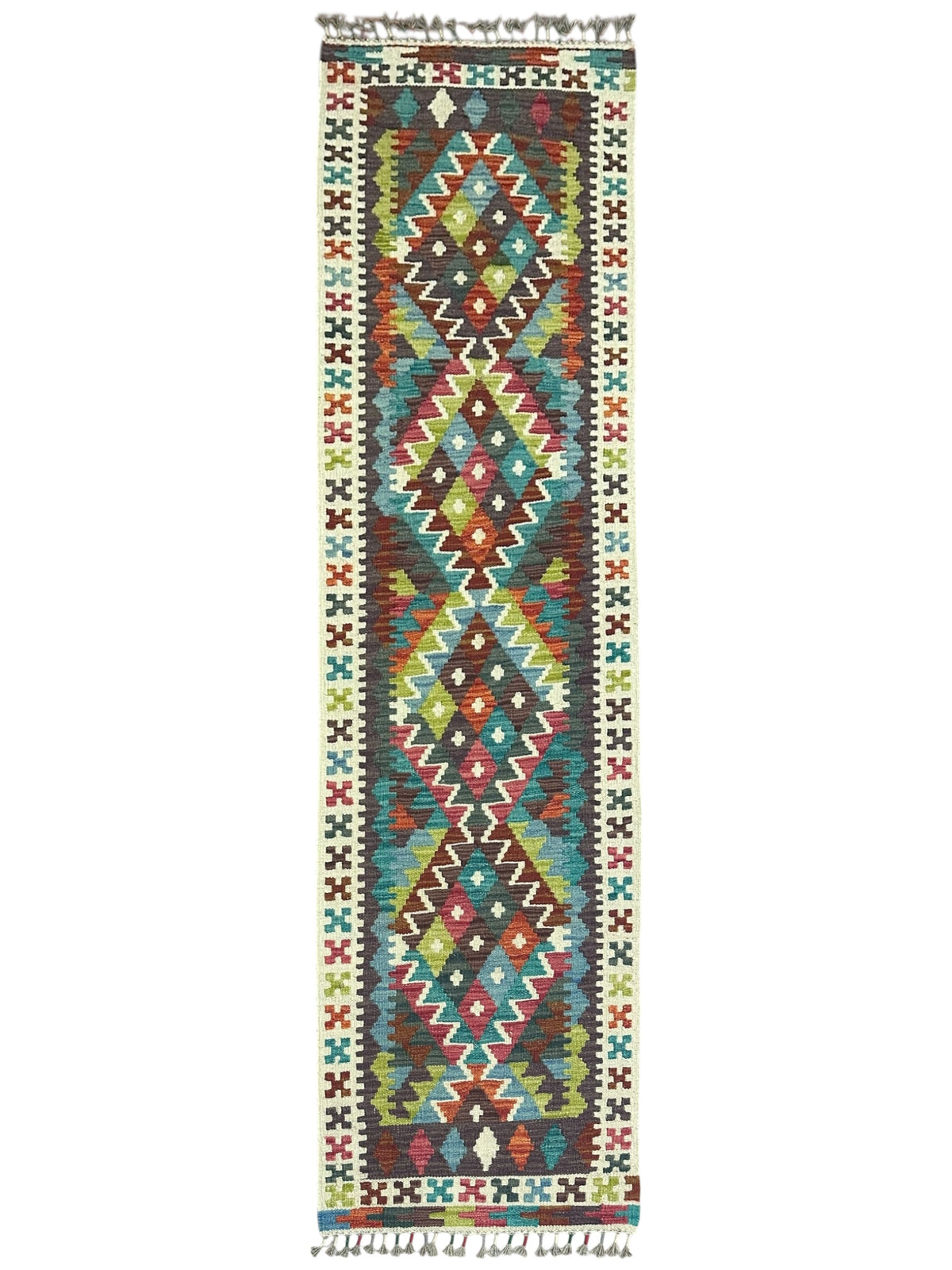 Afghan Kilim Runner 2x7, Brown, Ivory & Teal, Diamond Medallion Wool Flatweave