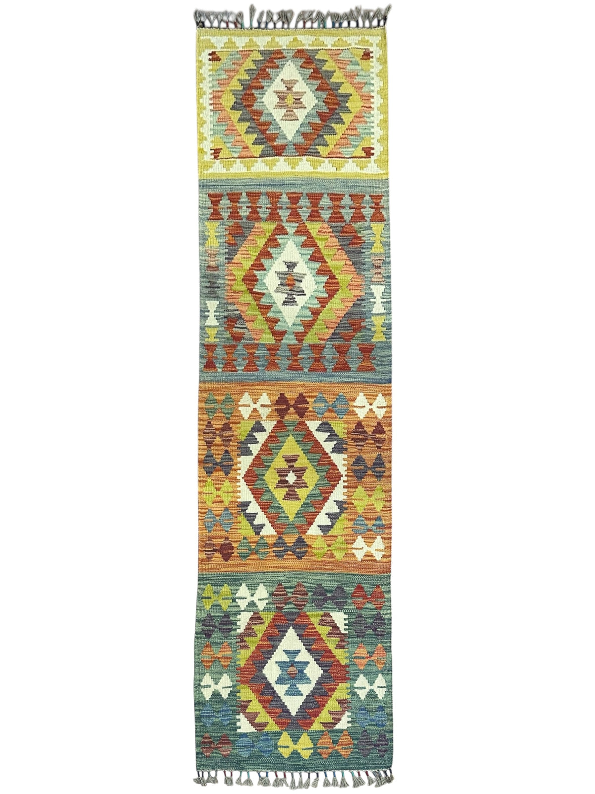 Afghan Kilim Runner 2x7, Gold, Teal & Rust, Hand-Woven Wool Flatweave