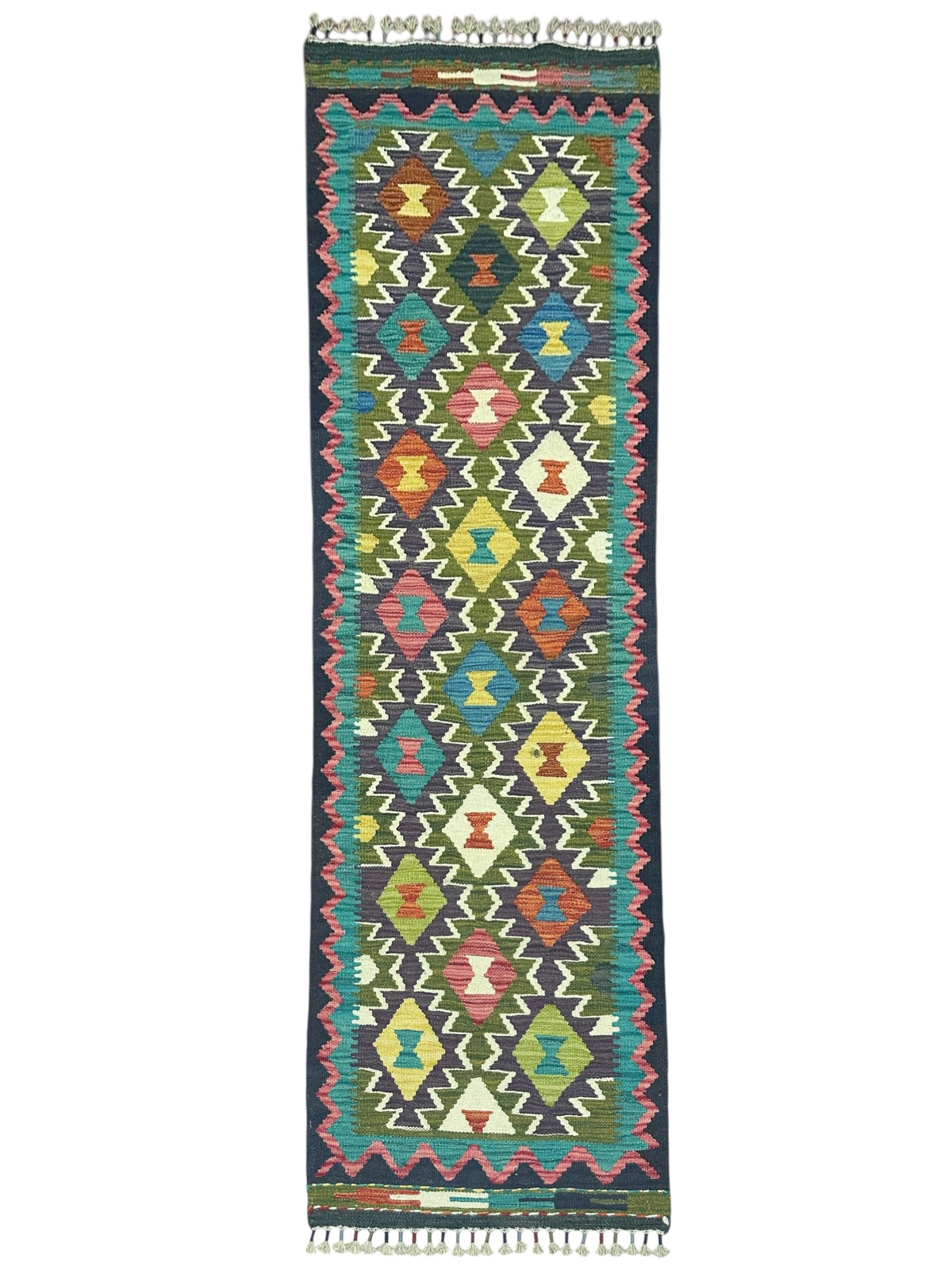 Afghan Kilim Runner 2x7, Olive Green, Teal & Ivory, Hand-Woven Wool Flatweave